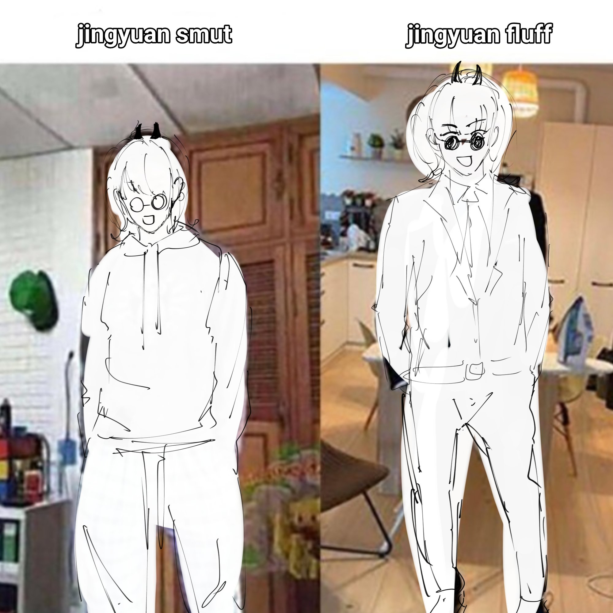 a splitscreen drawing depicting two animestyle men.  the man on the left is wearing a hoodie and pants, while the man on the right is wearing a suit and tie. the left side of the image is a kitchen scene, while the right side of the image is another kitchen scene. the left side of the image has the caption "jingyuan smut" and the right side of the image has the caption "jingyuan fluff".