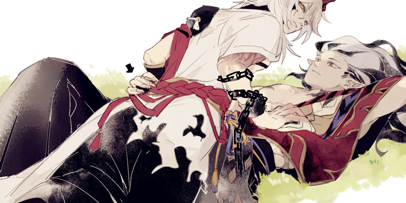 the image is an animestyle illustration of two male characters. one is lying on the ground, with their head facing up and looking at the other character, who is standing over them. the character on the ground is wearing a white and red outfit with gold trim, a