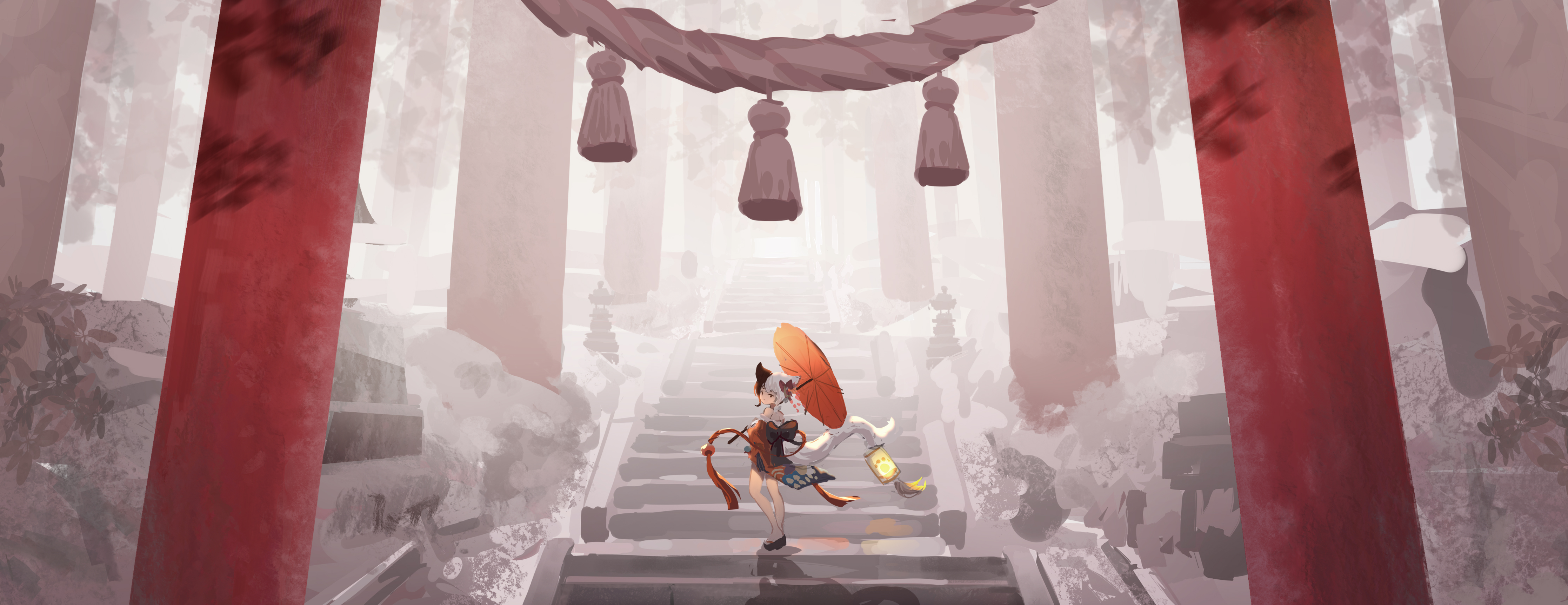 the illustration depicts an animestyle girl walking up a stone staircase in a misty japanese forest. she carries an orange umbrella and a lantern. the setting is a serene shrine with traditional torii gates, adding a mystical and spiritual atmosphere to the scene. the overall color palette is soft and subdued, emphasizing a peaceful and tranquil mood. the girl's attire, hairstyle, and umbrella create a delicate and elegant visual impression.