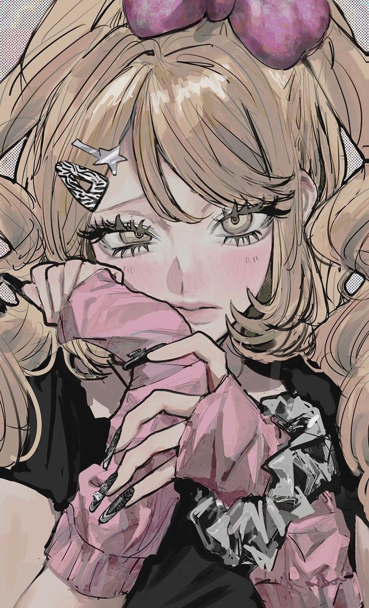 this is a digital drawing of an anime girl with blonde hair wearing a black and pink outfit. she has long, curly hair and is looking down with a sad expression. she has a pink bow on her hair and is wearing a longsleeved shirt and black pants. her hands are covering her face. she looks sad.  the drawing is done in a cartoon style and has a soft color palette. the artwork appears to be from an anime or manga series.