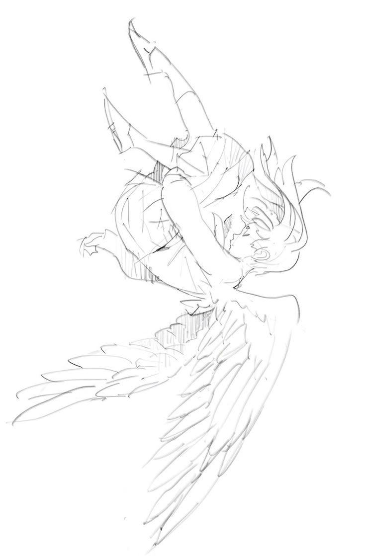 a monochrome line art sketch of a falling figure with angel wings. the person is oriented vertically, head down, with wings outstretched. the style is reminiscent of anime or manga.