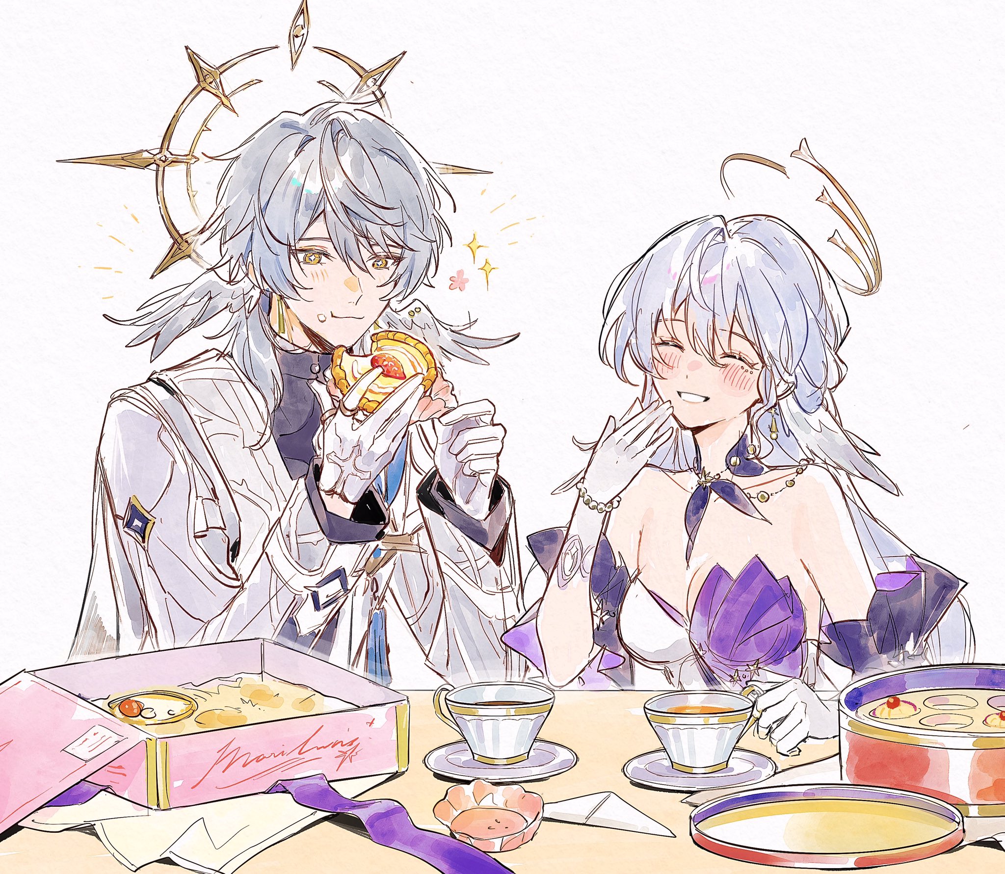 this is an anime drawing of two people, a man and a woman, both with long white hair. the man is dressed in a white coat with a blue sash and is smiling at the woman while offering her a cake from a pink box.  the woman is wearing a purple dress and is smiling and holding a teacup. the man is holding a cake.  they are sitting at a table with teacups, cakes, and a box with cakes. the setting is a dining room or cafe. they both are smiling and seem to be enjoying their tea and cakes.