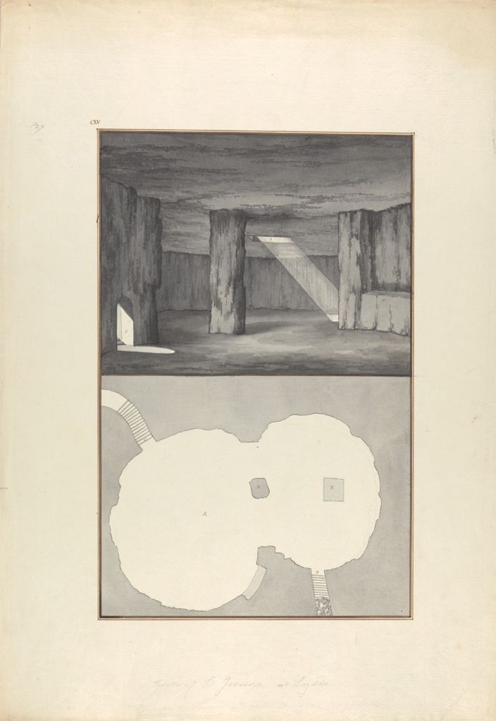 the image shows an architectural drawing of what appears to be an ancient or underground structure. the drawing is divided into two sections: the top part depicts an interior view with columns and a beam of light entering from above. the lower part shows a plan view, with a layout resembling chambers or rooms connected by passages. a set of stairs is visible, possibly leading to the structure.