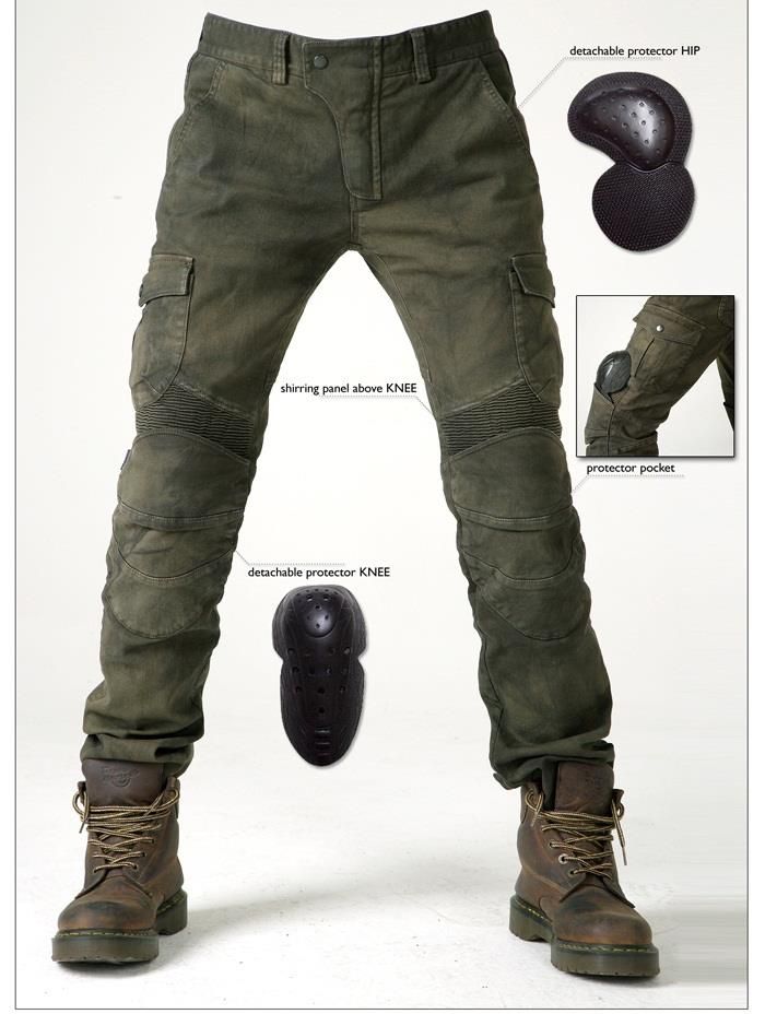 a photo of a pair of men's green motorcycle jeans. the jeans have removable knee pads and hip pads for safety while riding a motorcycle. the jeans are casual in style with a slim fit and are a comfortable and durable option for motorcycle riders. they are a good choice for riders who want to look stylish and safe.