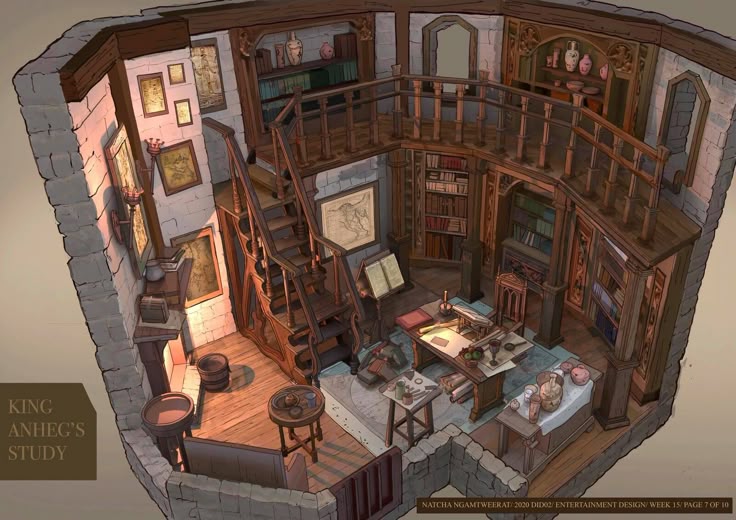 this is an illustration of king anheg's study. it features a twostory room with stone walls and wooden floors. the room is filled with bookshelves containing books, a desk with various items, stairs leading to the second level, paintings and maps on the walls, and various pieces of furniture. the overall style is medieval and fantasy.