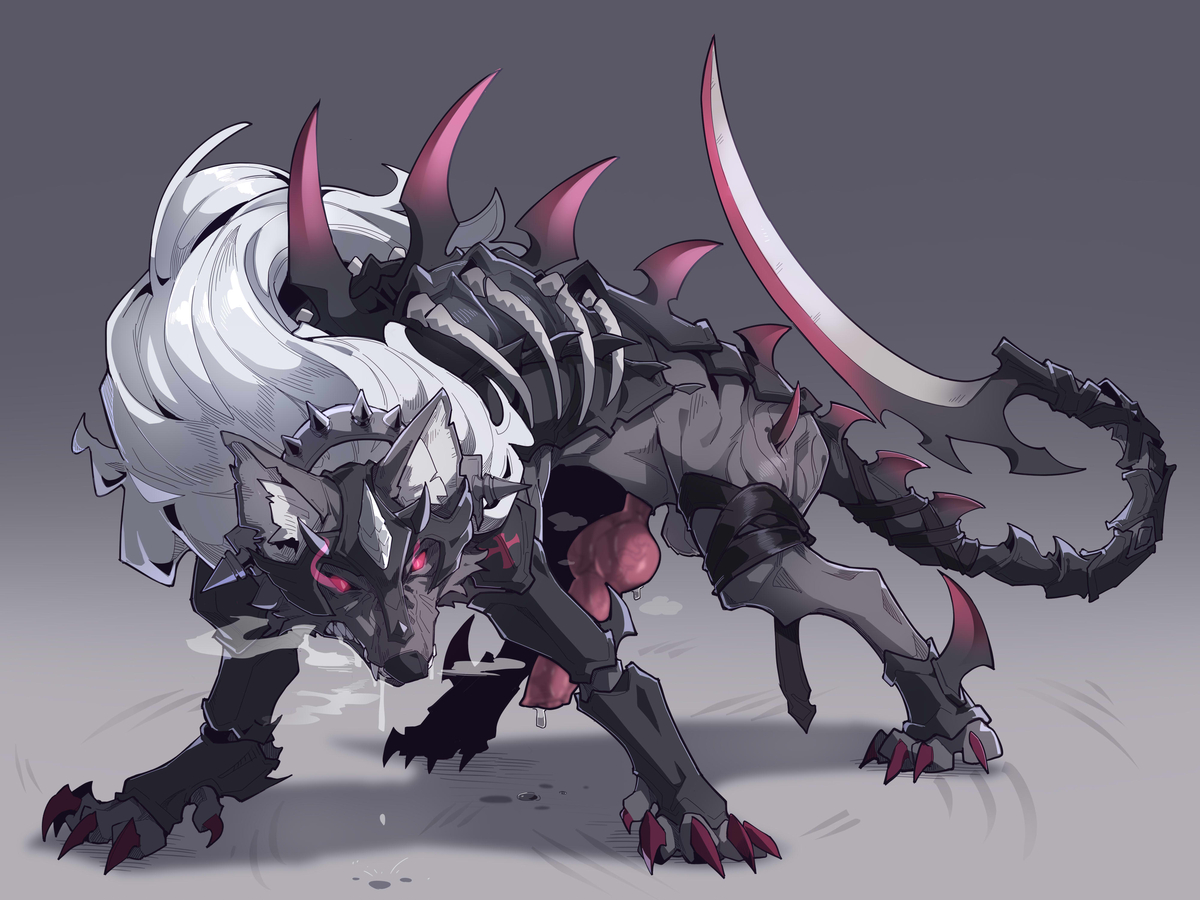 a stylized illustration of a monstrous wolflike creature with black armor, red spines, a long white mane, and a blade on its tail. it has glowing red eyes and appears menacing.