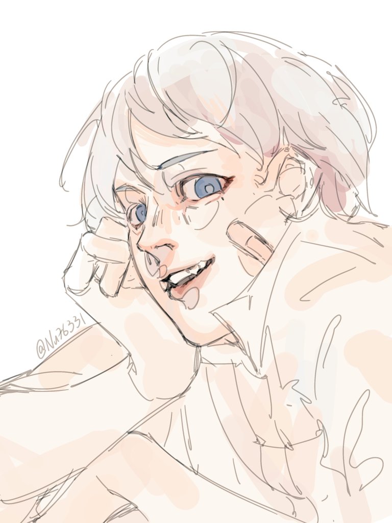 this is a digital art illustration of a young, animestyle boy. he has white hair, blue eyes, and is wearing a white collared shirt. he has a slight blush on his cheeks and is smiling. the image is done in a simple line art style with a white background.
