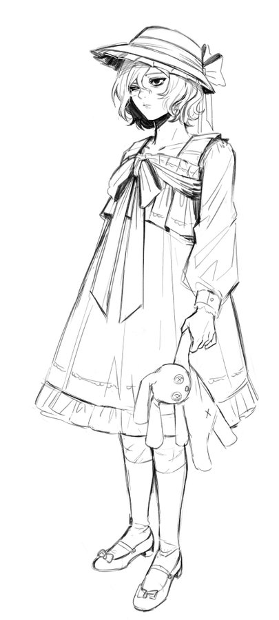 a black and white sketch of a young animestyle girl wearing a sun hat, a frilly dress and shoes. she is holding a small toy.  the style is reminiscent of lolita fashion. the drawing is done in a loose, expressive style.