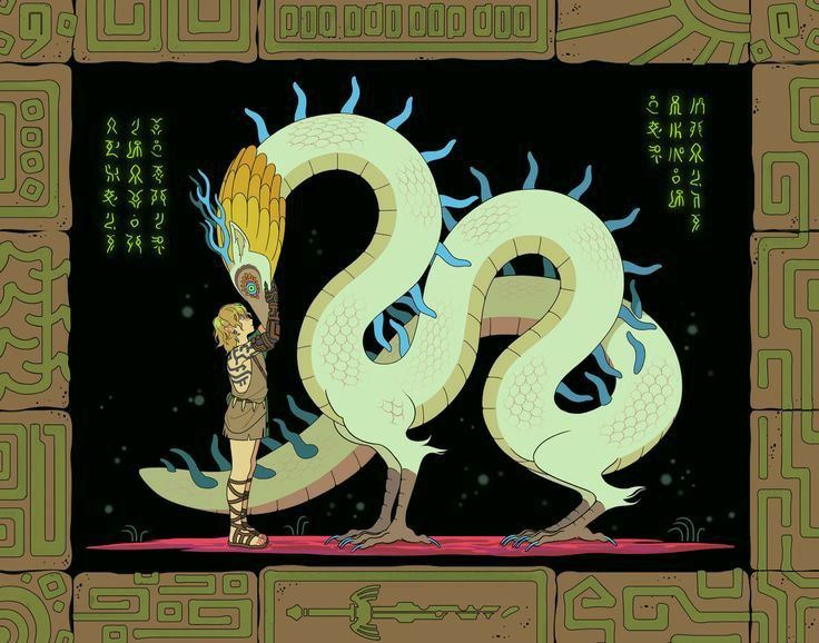 the image is a stylized piece of fanart depicting link from the legend of zelda: breath of the wild interacting with the divine beast farosh.  farosh is rendered as a pale green serpentine dragon with blue accents along its back. link is shown in a smaller scale, standing on the ground while looking up and slightly touching the dragon. the background features a dark backdrop with ancientlooking green geometric patterns and symbols reminiscent of those found in the game. the text on the right side is in a style that could potentially be interpreted as ancient writing, though it isn’t legible. the overall style is a blend of japaneseinspired art and the distinctive aesthetic of the zelda games.  the scene suggests a peaceful or reverent encounter between the character and the powerful beast.
