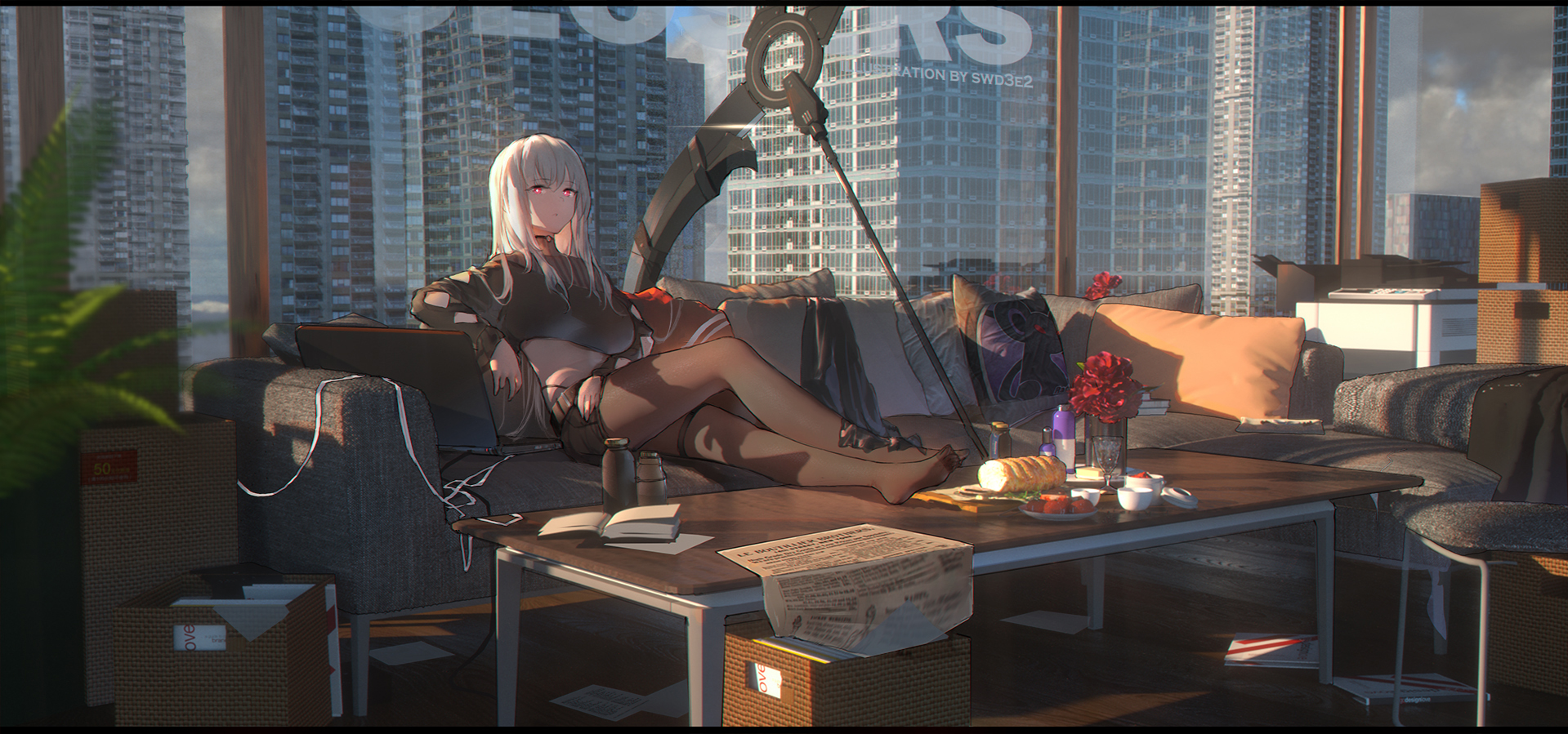the image is a digital illustration featuring an animestyle young woman with long white hair and pink eyes. she's dressed in a dark crop top, stockings, and a dark jacket with distressed detailing. she is relaxing on a modern gray couch in a highrise apartment with a stunning cityscape view visible through large windows. the sun sets casting a warm light on the room. the apartment appears to be recently moved into, evidenced by several cardboard boxes scattered around.  she has a laptop on her lap and a coffee table next to the couch contains a newspaper, bread, strawberries and other small items suggesting a relaxed and comfortable scene. a large dark weapon or tool is leaned up against the window behind her. the overall style is detailed and evocative, with a focus on atmospheric lighting and a sense of calmness. the artist's signature, swd3e2, is subtly included.