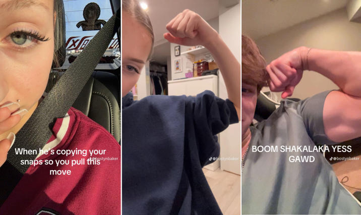the image is a composite of three screenshots from a tiktok video, showing a woman and a man participating in a social media challenge. the first image features a woman in a car, wearing a maroon sweater, with a text overlay indicating she's reacting to someone copying her snaps. the second image shows another woman flexing her bicep. the third image shows a man flexing his bicep, with text reading "boom shakalaka yess gawd". the tiktok username "@bostynbaker" is visible on each image.