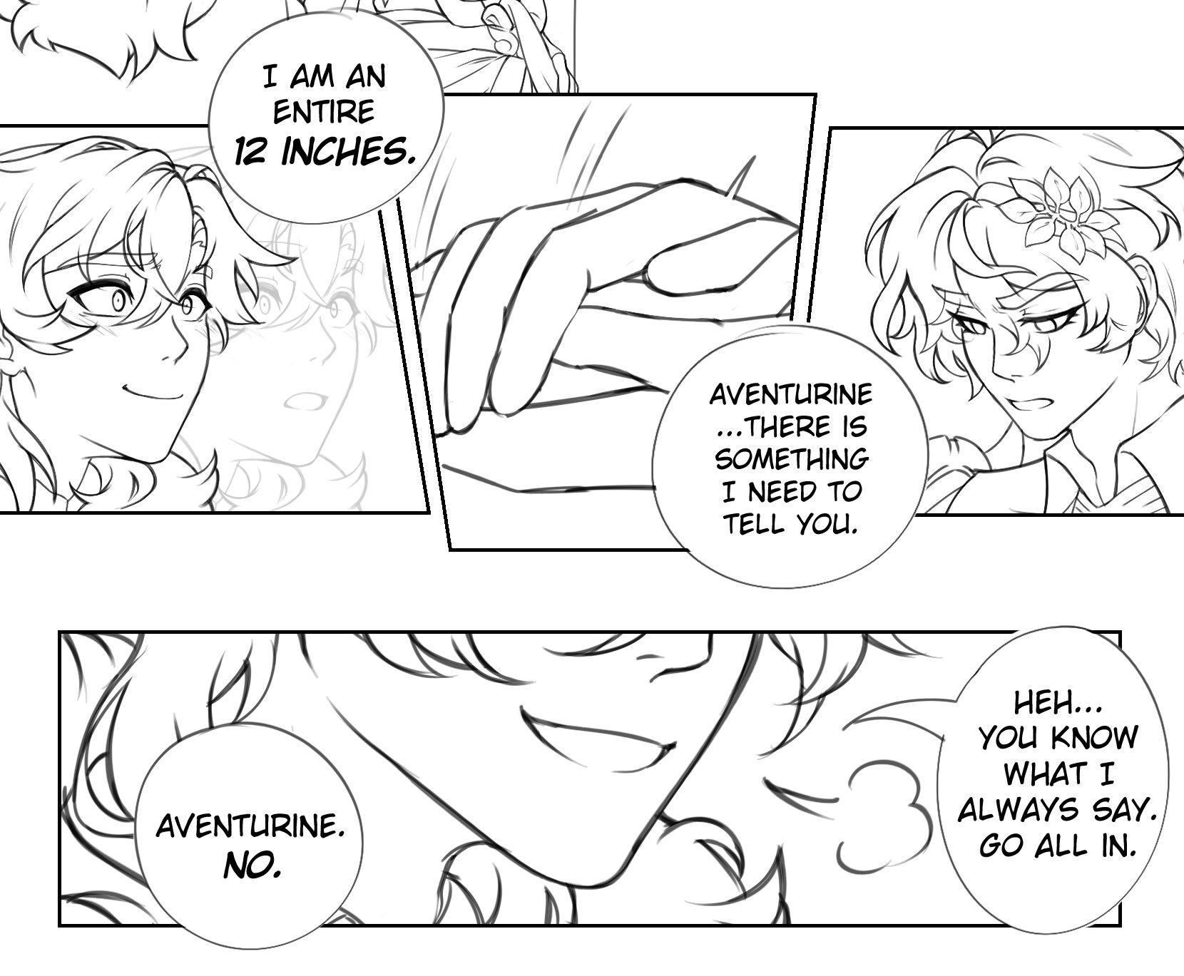 the image is a manga panel featuring multiple characters and speech bubbles. the first panel on the top left shows a character with a smirk, saying "i am an entire 12 inches." the middle panel focuses on hands, with a speech bubble stating, "aventurine... there is something i need to tell you." the right panel on the top row shows another character with a concerned expression. the bottom row features two panels. the first shows a character and a speech bubble saying, "aventurine. no." the final panel includes the same character smiling, with a speech bubble that reads, "heh... you know what i always say. go all in." the style is black and white line art typical of manga.