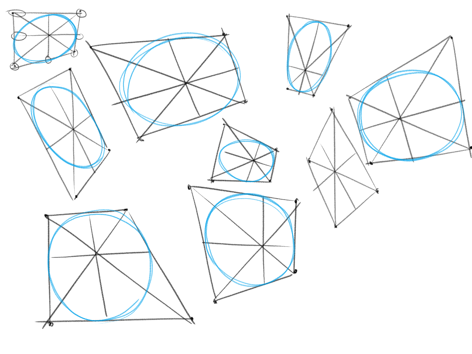 the image shows a collection of handdrawn geometric shapes, primarily circles and ellipses inscribed within various polygons like squares, rectangles and rhombuses. the shapes are drawn with a light, sketchy style using black lines to define the polygons and blue lines for the inscribed ellipses and circles.  the lines suggest a threedimensional perspective, as if the shapes are rotated in space.  the overall style is simple yet visually engaging, suggesting a study of form and perspective in geometric art.  the shapes are scattered across a white background.