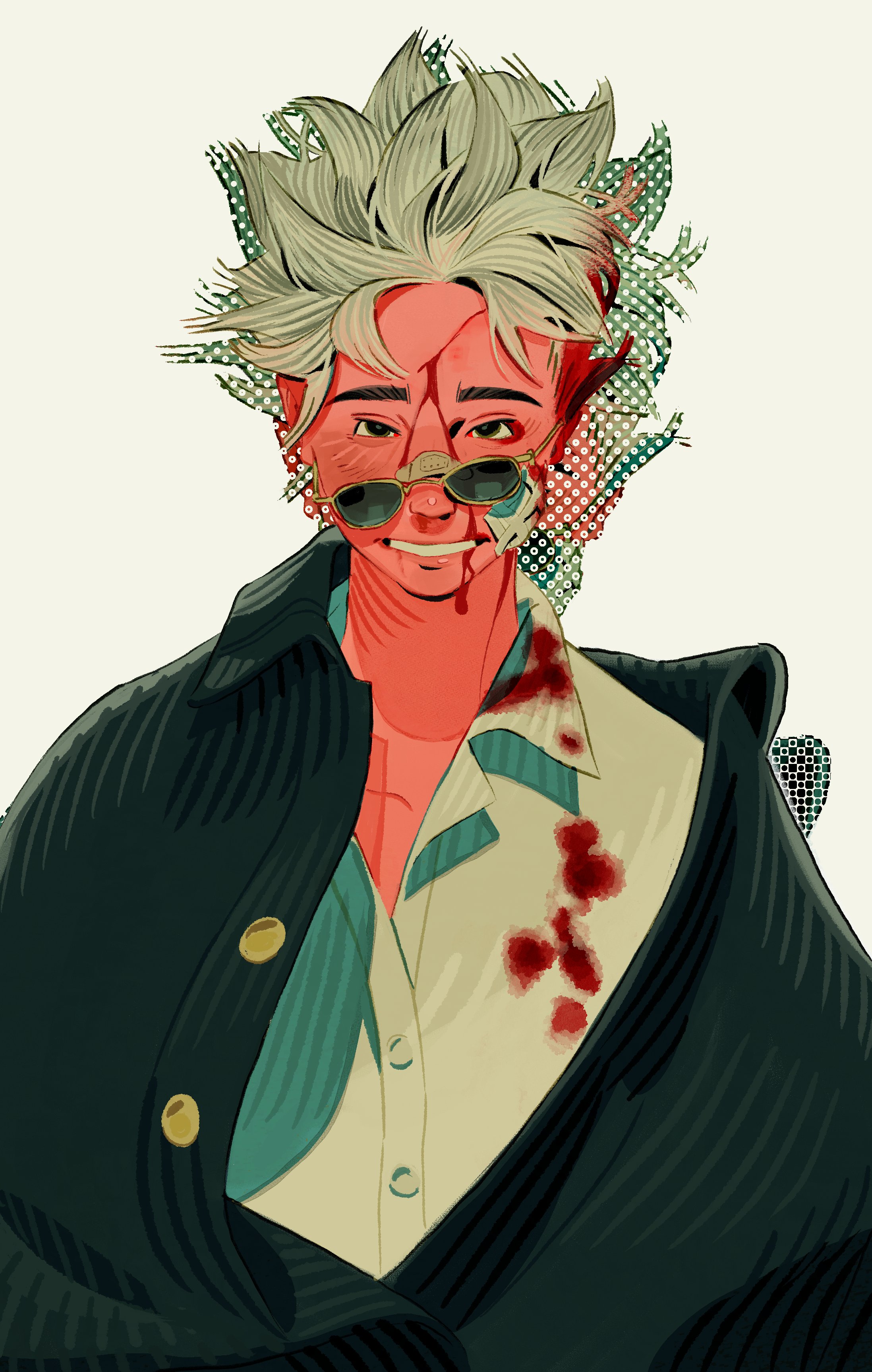 the image is a digital illustration of a young man, possibly an anime or mangastyle character. he has spiky, lightcolored hair, red skin, and is wearing sunglasses. his face is partially covered in bandages and there are visible blood stains on his shirt and jacket. he's dressed in a dark green cardigan or jacket over a lightcolored buttonup shirt. the style of the artwork is reminiscent of comic books or graphic novels, with bold lines and color choices. the overall mood is a blend of stylish and damaged, perhaps hinting at a story of conflict or hardship. the background is plain, drawing focus to the character.