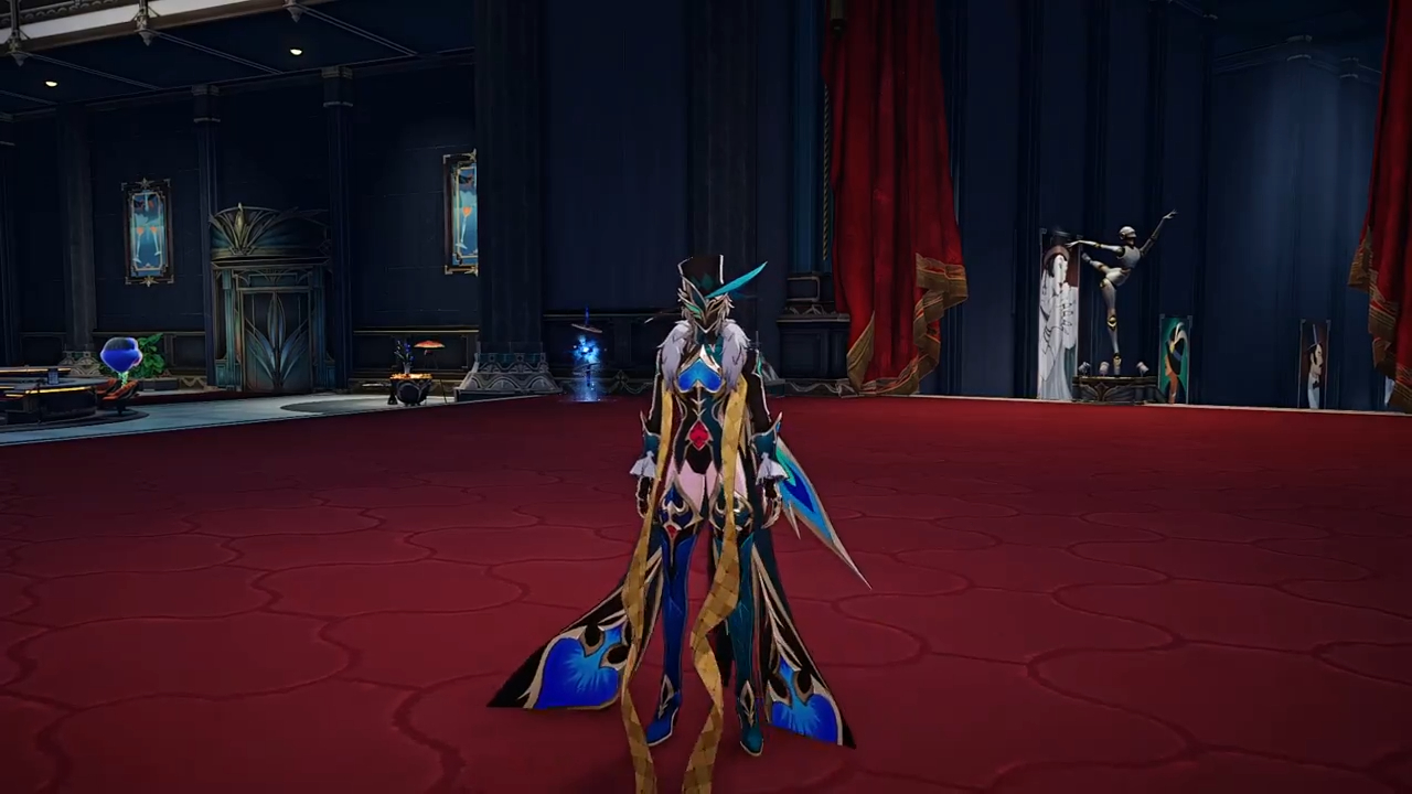 a blue and gold costumed character stands in a dark room with a red carpet. they are wearing a helmet with a blue and white design. their armor has a black and gold design, and their weapon is a sword with a blue glow. they are looking straight ahead, and the room behind them has a dramatic atmosphere with artwork and statues. the scene is reminiscent of a fantasy or science fiction world.