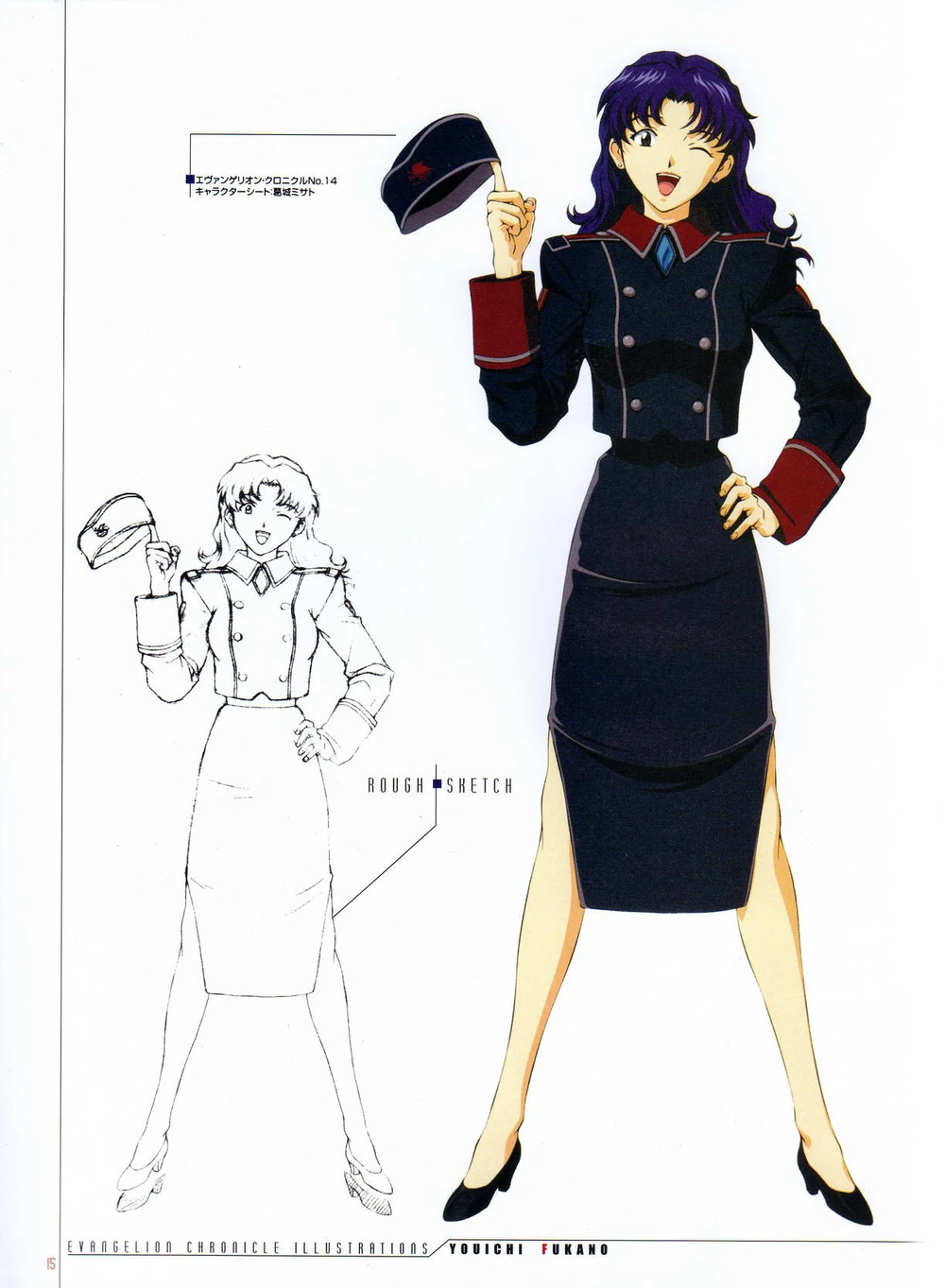 this is a black and white illustration of an anime character, a woman in a military uniform. she is standing with her right hand raised and is holding a hat in her right hand. the character is wearing a black dress, high heels, and has long purple hair.  the character is part of the anime series evangelion. on the left side of the image, the character is sketched in pencil showing rough sketch of the character.