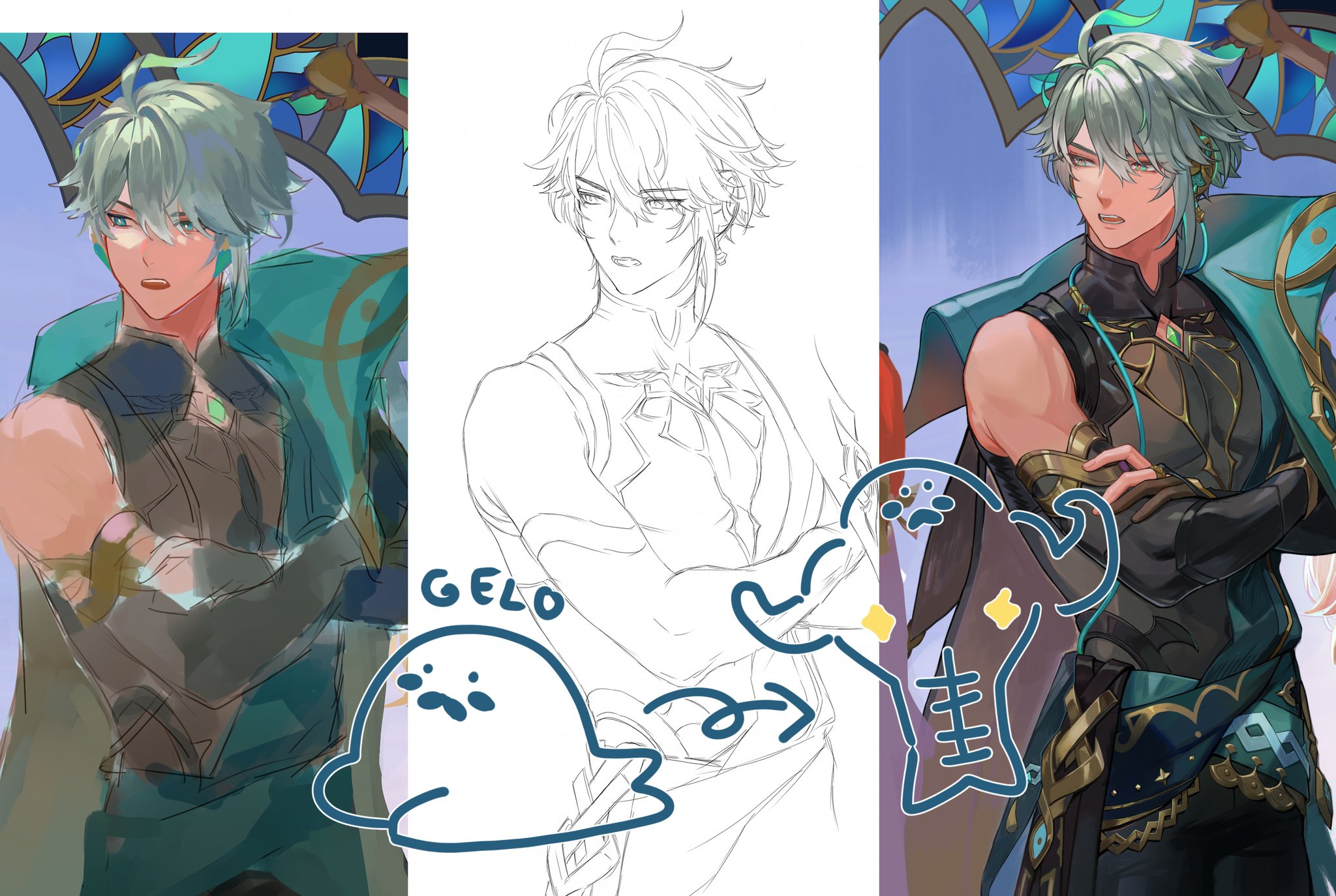 this image shows the drawing process of a character, starting from the lineart, then adding base colors and then the finishing details. it highlights the process of character art from simple lines to a fully rendered image. the character is a male anime character with green hair and blue eyes. he is wearing a blue and green outfit and looks stern. the image has a fantasy setting.