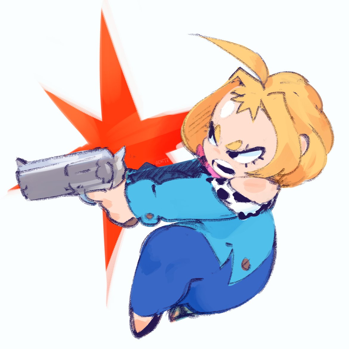 a cartoon character of a blonde woman is drawn in a dynamic pose with a red star behind her. she is holding a gun and appears to be aiming at something. the image is a colorful digital illustration with a sketched style.