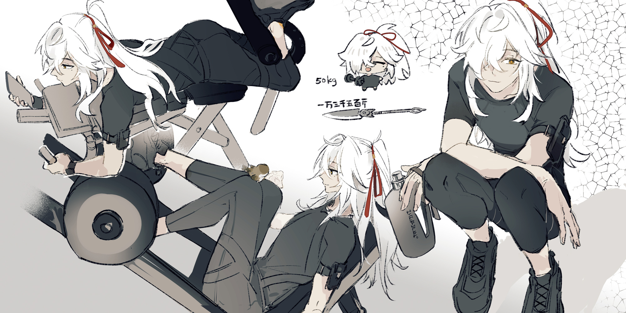 the image depicts a stylized drawing of an anime girl. she appears in multiple panels, showcasing her in different poses and outfits. in one panel, she is working out on a leg press machine, while in another, she is standing casually with a gun and a knife. she has long, white hair adorned with a red ribbon, and she is wearing black clothes. the artwork is detailed and expressive, capturing a sense of strength and determination.