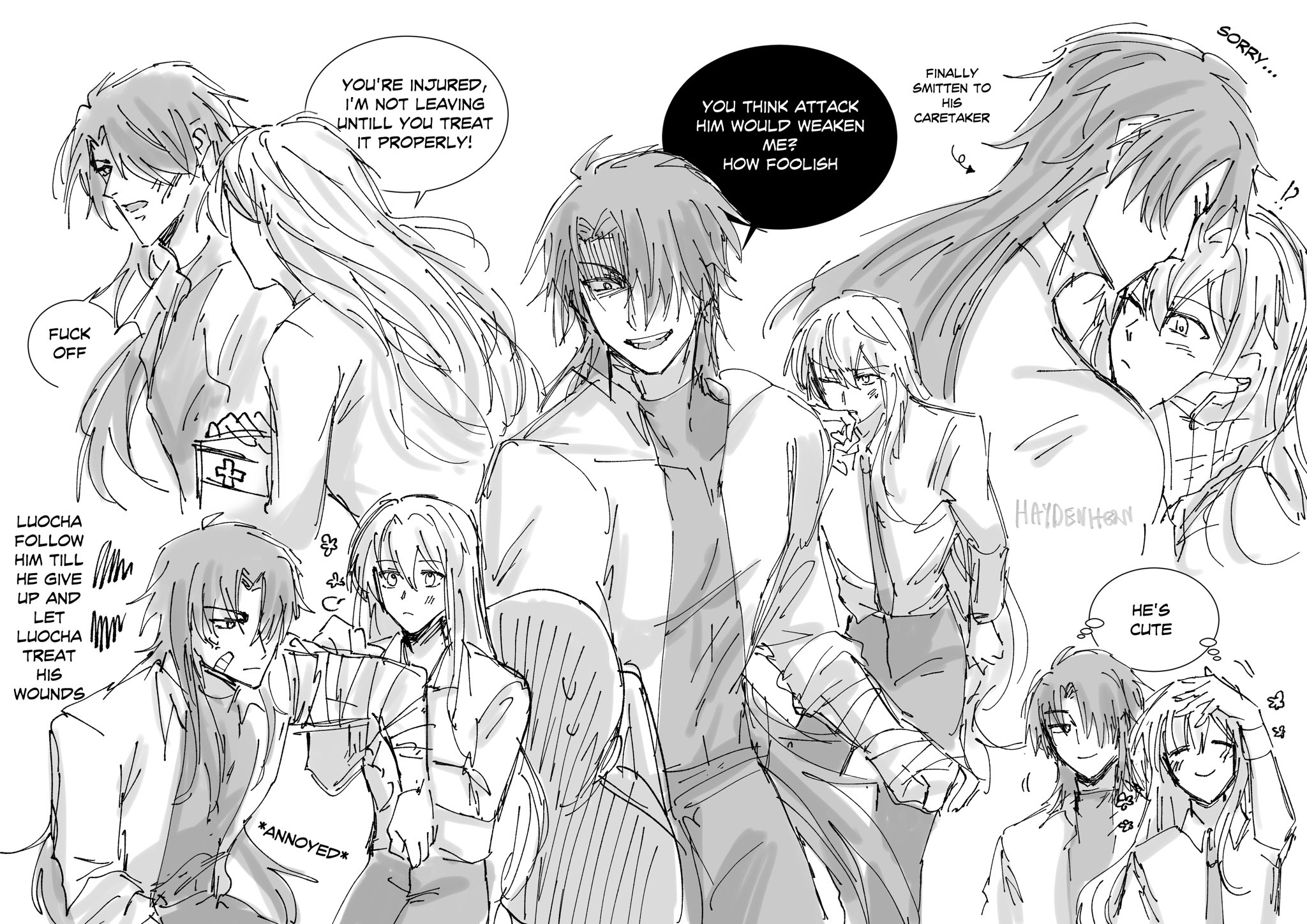 the image is a comic style illustration featuring multiple characters. it appears to be a romantic comedy, focusing on a boy caring for his injured girlfriend. the art style is sketchy, giving a rough and informal feel. the characters have large eyes and expressive features, typical of anime and manga.  a speech bubble with the phrase "you're injured, i'm not leaving until you treat it properly" is present, indicating the boy's determination to care for his girlfriend.  there are other speech bubbles showing the characters' dialogue and thoughts.