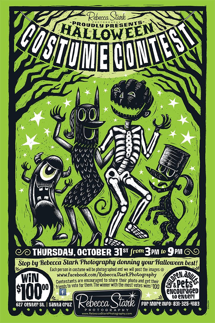 this is a poster for a halloween costume contest hosted by rebecca stark photography. the poster features a fun, whimsical illustration of characters in costumes. it includes the date and time of the event, the location, and details on how to enter. the poster also includes information on how to vote for the winner, and the prize for the best costume: $100.  the poster's colorful design and playful characters are sure to draw people in and encourage them to participate in the contest.