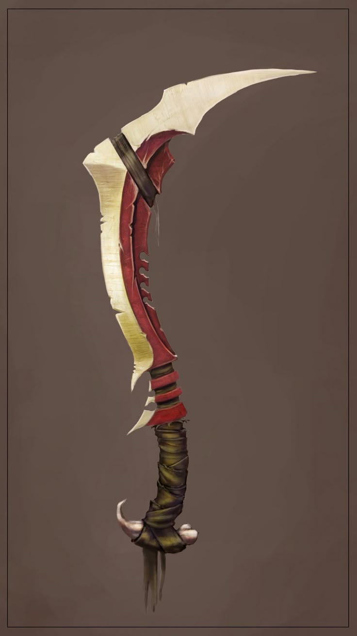 an illustration depicting a curved fantasy weapon with a white, curved blade edged with red. the handle is wrapped and adorned with a bonelike structure at the base. the artwork has a detailed and slightly aged appearance.