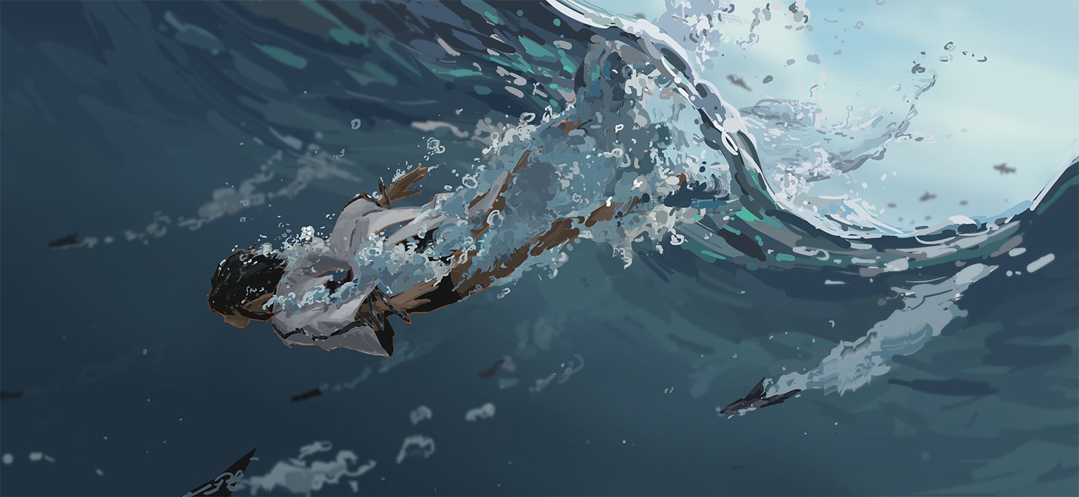 the image is a digital painting or illustration depicting a person with dark hair swimming underwater.  they are wearing lightcolored clothing, and the water is depicted with splashes and bubbles around them.  fish and other aquatic life are visible in the surrounding water, with a dynamic depiction of waves both above and below the surface. the overall style is artistic and vibrant, with a focus on movement and action. the color palette consists primarily of blues, greens and teals, giving the image a cool and somewhat mysterious tone.