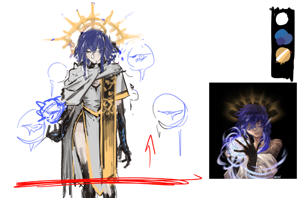 the image shows a concept art sketch of an animestyle male character with blue hair and a golden halo. he wears a white and gold robe and holds a blue magic orb. there are also sketches of eyes and a color palette present. a finished digital art illustration of the same character is in the bottom right corner.