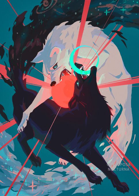 this is a digital art image featuring a white wolf and a black wolf positioned in a dynamic, possibly confrontational stance against a turquoise background. the white wolf is shown with bared teeth, growling, with red light emanating around it. the black wolf is also growling and positioned below, with a glowing teal circle above its head, reminiscent of a moon. the background transitions into a starry sky, suggesting a fantasy or mythical setting. the artwork is signed by "mariposa nocturna" in the bottom right corner.
