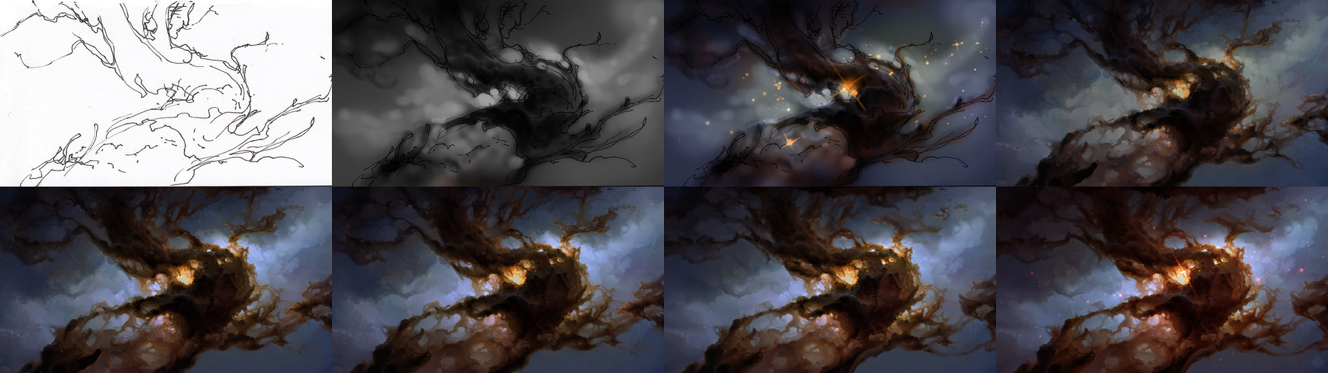 this image presents a stepbystep illustration process of a space scene. it starts from a rough sketch of a treelike structure, gradually adding details, shadows, stars, nebulae, and finally culminating in a vibrant and detailed space art piece. the glowing heart of the treelike nebula suggests a powerful energy source within, adding a mystical touch to the artwork.