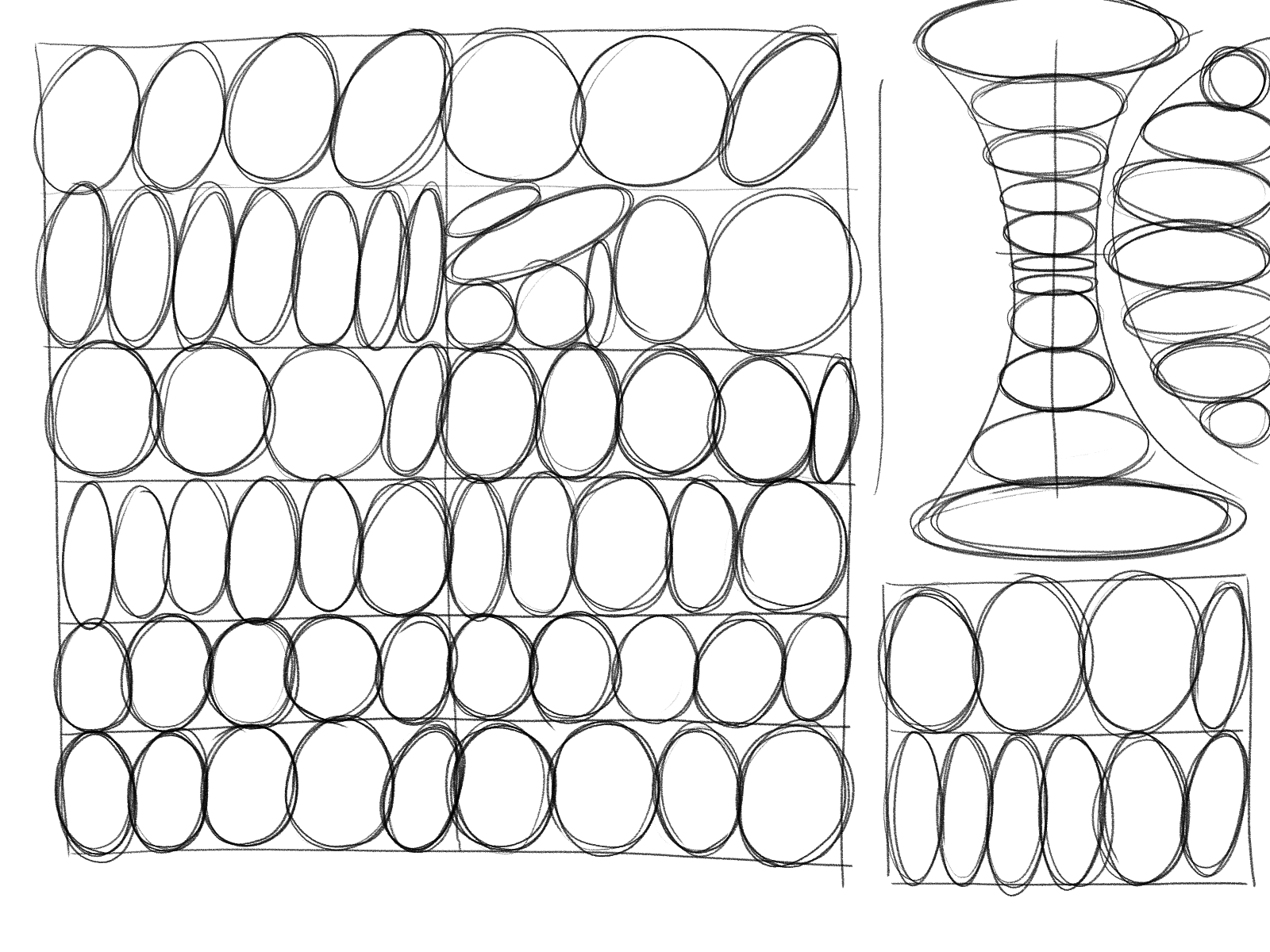 the image is a black and white sketch featuring various arrangements of circles and ovals.  a large gridlike section dominates the left side, filled with overlapping, slightly irregular circles arranged in rows and columns. to the right, a sketch depicts a hourglasslike shape formed by progressively smaller circles, and a smaller grid of circles appears below it. all the sketches have a rough, handdrawn quality, suggesting a design process or brainstorming session.  the overall style is abstract and minimalist.