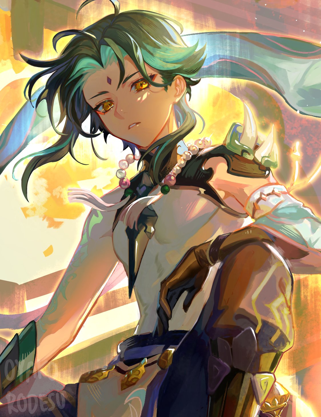 the image is a digital illustration of a female anime character. she has long, flowing green hair and yellow eyes. she is wearing a white top and blue scarf. her hands are covered in brown gloves and she is holding a knife. she is a warrior character with a fantasy aesthetic. the background is a blur of yellow and orange colors.