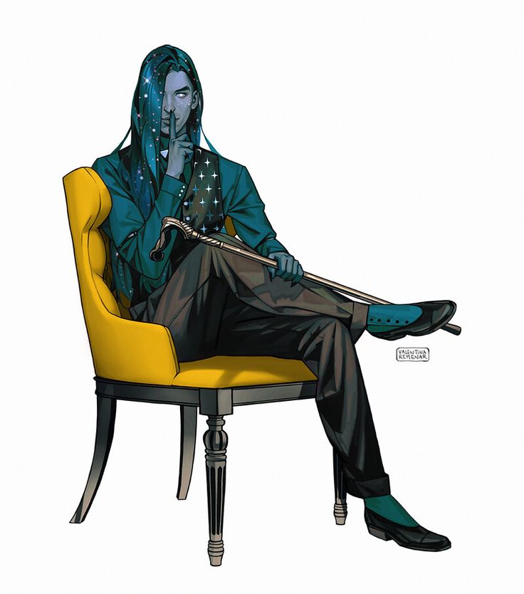 a man with long blue hair is sitting in a yellow chair. he is wearing a blue jacket and green pants. he has a cane in his hand and his finger is on his lips. he is looking at the viewer.