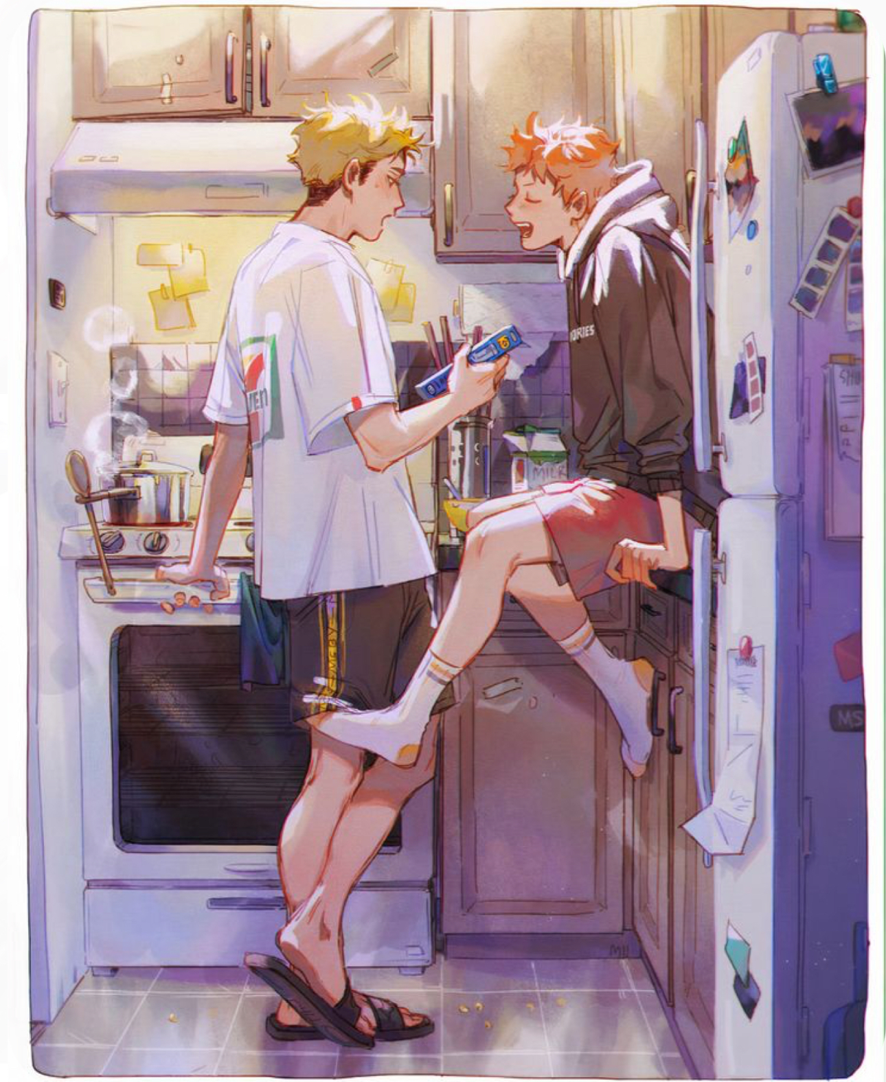an animestyle illustration depicting two young men, miya atsumu and hinata shoyo, in a kitchen. atsumu, with blond hair, is standing by the stove cooking, wearing a white shirt and black athletic shorts. hinata, with orange hair, is perched on the counter with the refrigerator open, looking back at atsumu with a smile. he's dressed in a black hoodie and red athletic shorts. the kitchen is brightly lit with warm, natural light streaming in from a window off to the side. the scene evokes a sense of casual domesticity and intimacy.