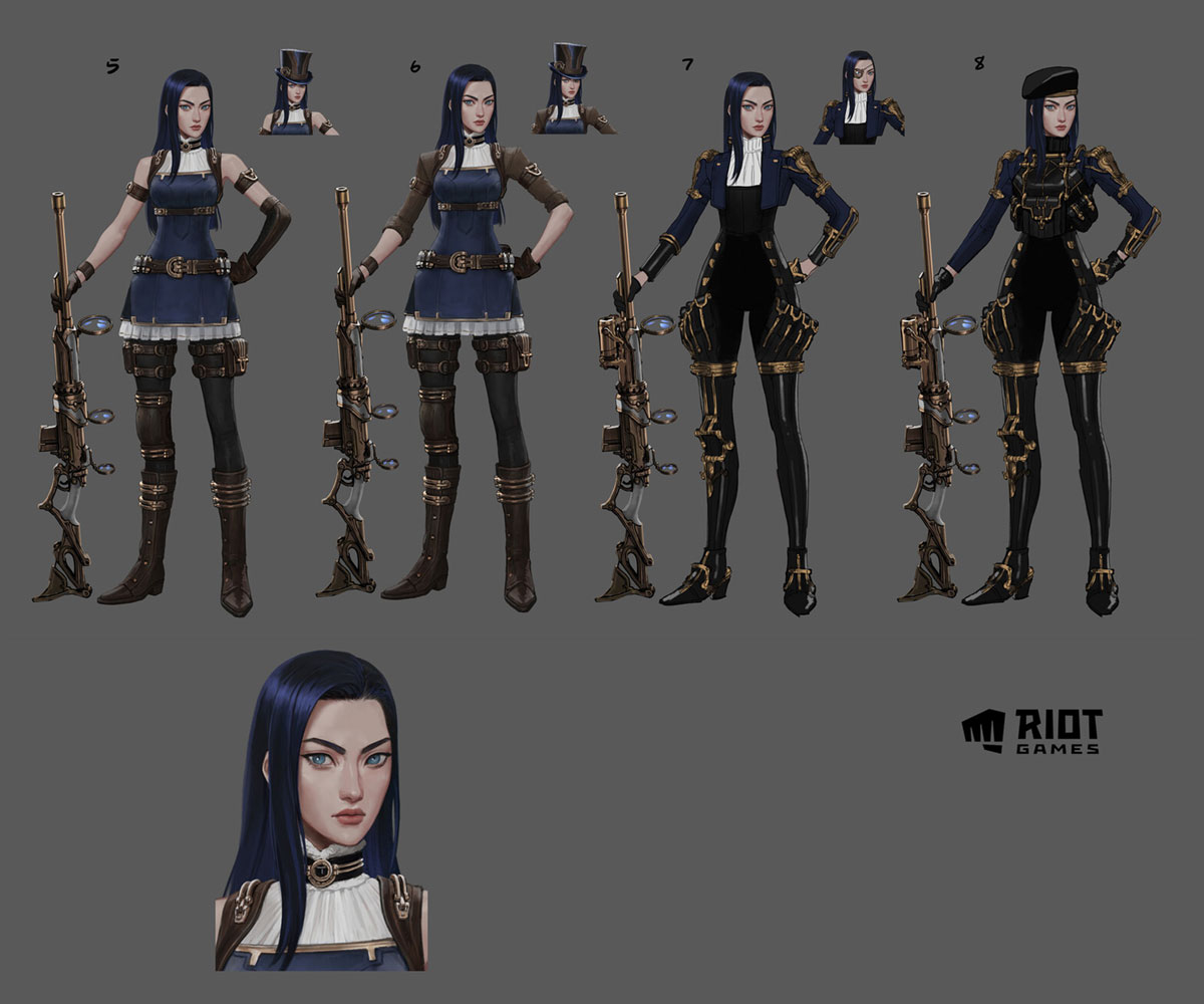 this is a concept art design for a female character in a video game. there are 4 different variations of the character design, with slight changes to the outfit and accessories. the character is holding a rifle, and is dressed in a steampunk or cyberpunk style outfit. her outfit includes a hat, gloves, boots, and a belt. there is also a headshot of the character in the bottom left corner. the image is labeled with "riot games" in the bottom right corner.