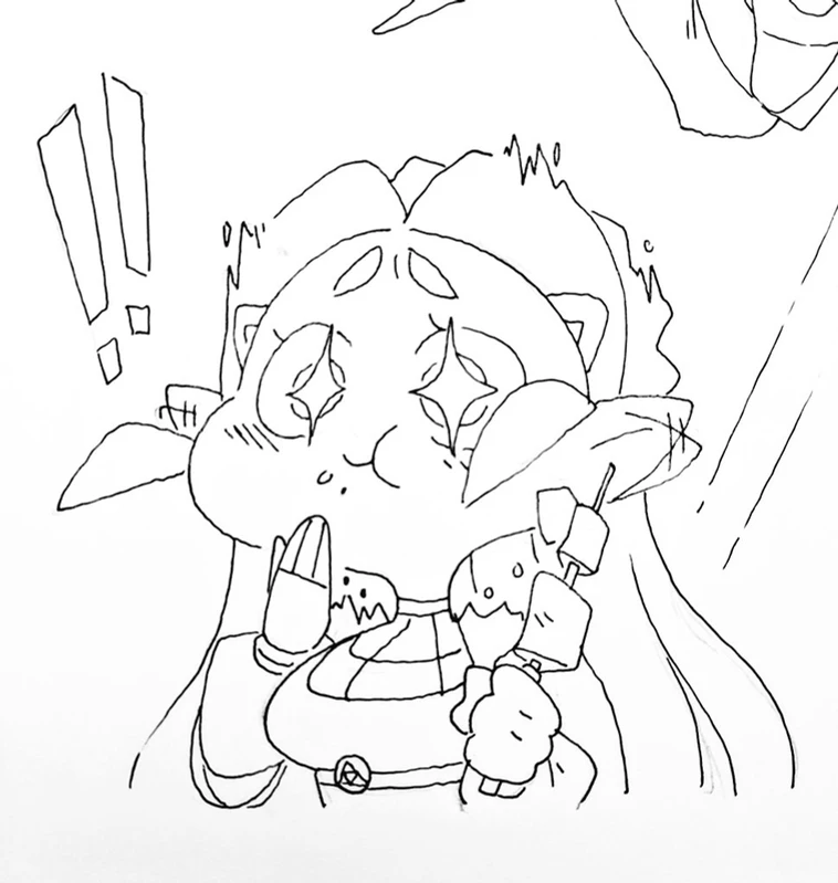 this image is a cartoon drawing of an anime girl. she is surprised and has her mouth open. her eyes are sparkling with excitement. she is holding a large stick in her hands. the drawing is done in black ink on a white background.