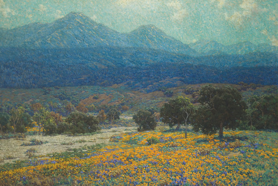 a painting depicts a broad landscape scene. in the foreground, a field bursts with yellow and blue wildflowers. clumps of green trees dot the landscape, with larger trees scattered closer to the viewer. in the midground, a dense forest stretches across the land. in the background, a range of bluishgray mountains rises against a pale sky, with a hazy, distant quality. the style resembles impressionism, with visible brushstrokes and a focus on capturing the overall atmosphere.