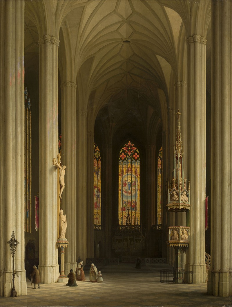 the image shows the interior of a grand church, likely a cathedral, with towering pillars and high vaulted ceilings. stained glass windows cast colorful light into the space. there are several religious figures depicted, including a crucifix and various statues. people are seen kneeling and praying in the foreground. architectural details such as arches and vaults are prominent, suggesting a gothic style. a pulpit stands near the center of the frame. the overall atmosphere is one of reverence and grandeur.