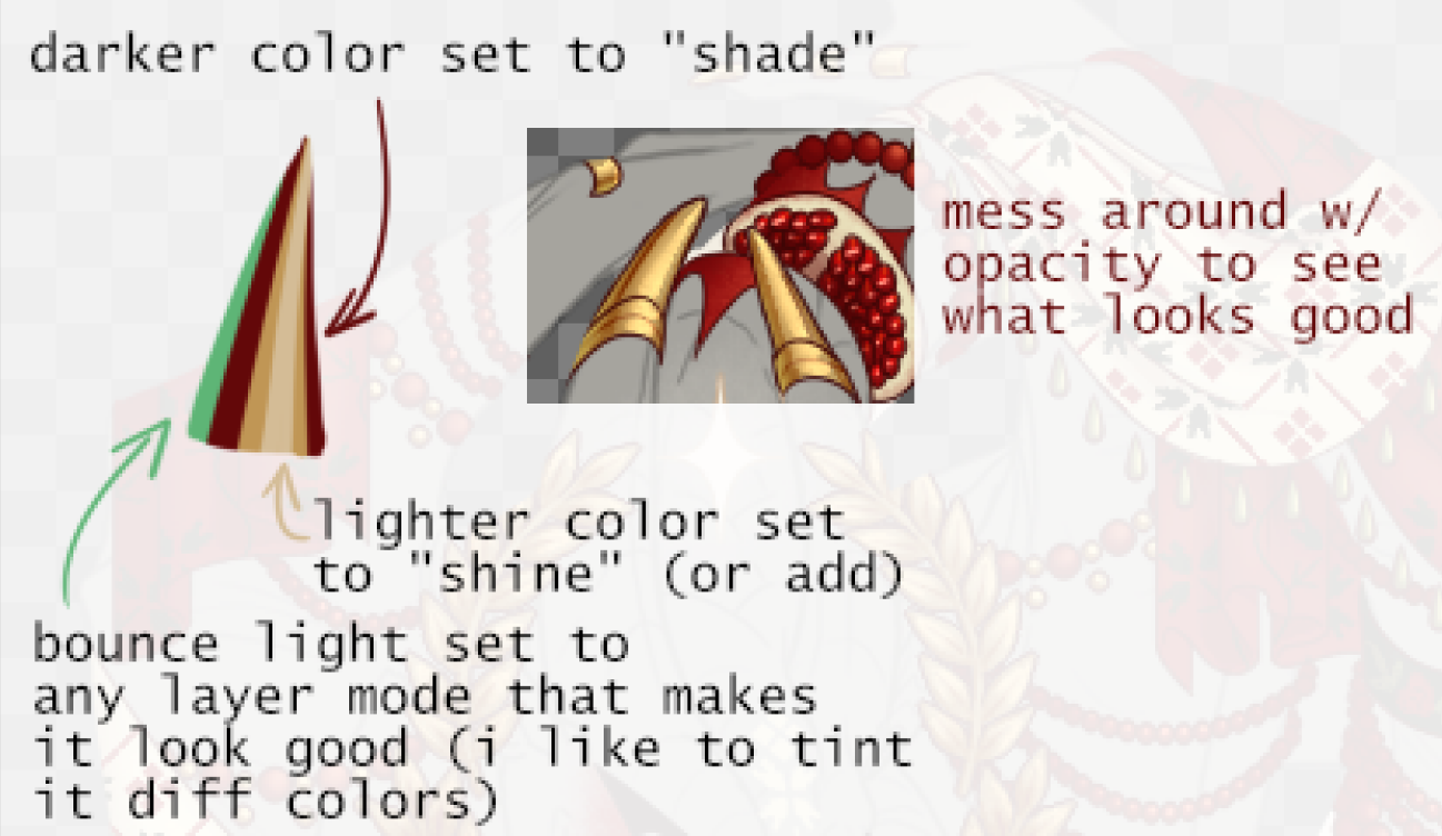 the image shows an illustration with instructions on how to shade and add lighting effects to digital art, particularly for rendering golden or metallic objects. it suggests using darker colors for shading, lighter colors for shine, and experimenting with bounce light and opacity to achieve a desired look.