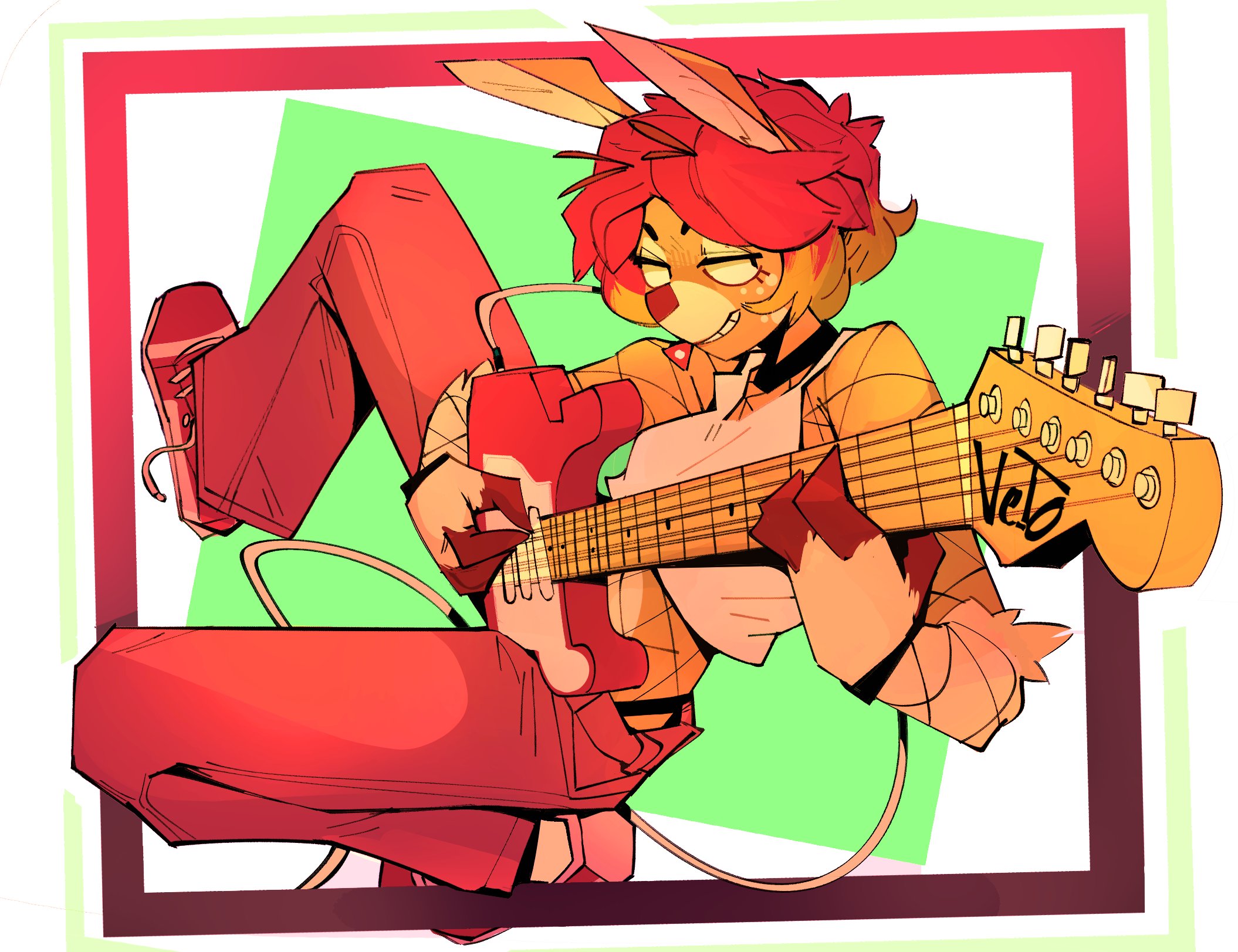 a digital cartoon illustration of a young woman rabbit playing a guitar, with a bright and colorful style. the woman has orange fur, red hair, and is wearing a red shirt and blue jeans. she is holding a guitar with a red body and is playing it with a passion. the background is a bright green and yellow color, with a red and white border.  the image is full of energy and excitement, and it captures the spirit of music and art.
