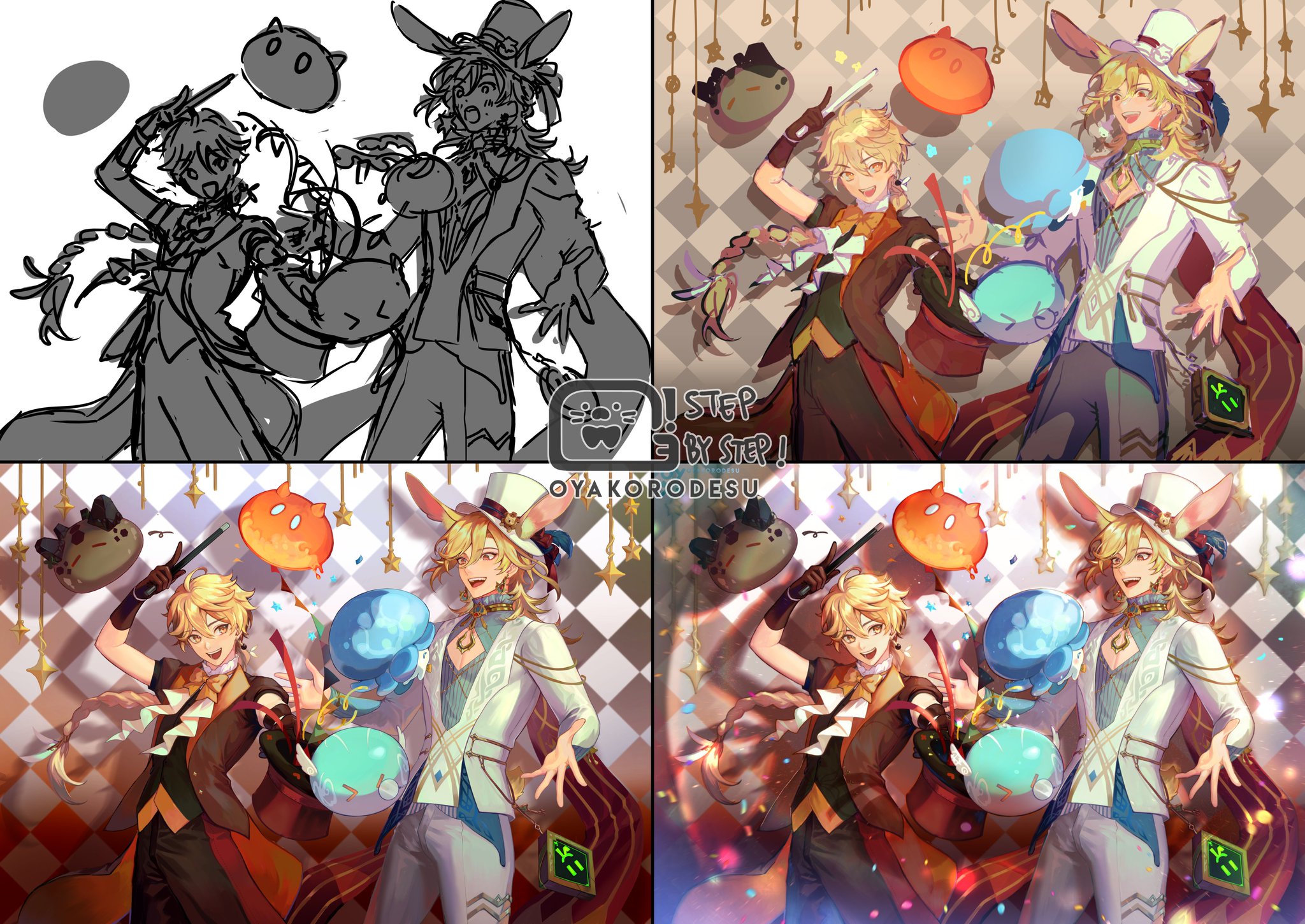 this is a digital art illustration of two male anime characters dressed in magician attire. they are both holding wands and have various magical objects floating around them, including stars and confetti. one character is dressed in white and the other is dressed in black and red. both are smiling.  the image is split into four quadrants. the top left quadrant is a black and white line drawing of the characters. the top right quadrant shows the characters with color. the bottom two quadrants show the characters with color, but with different backgrounds.