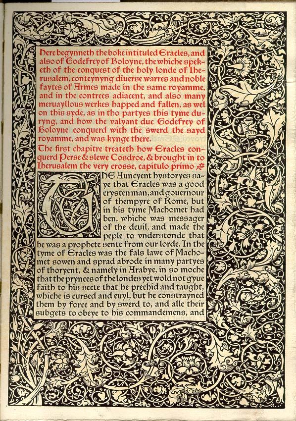 the image shows the first page of a book about  the history of eracles and godefrey of boloyne. the book is written in medieval english and the text is surrounded by a decorative border of black leaves and flowers on a cream background. the image has been colorized, with red, black, and cream being the most prominent colors. the text is very detailed, describing the various battles and events that took place. the border is very intricate, with many different designs and patterns. the text and images are arranged in a way that is pleasing to the eye and very typical of the time period.