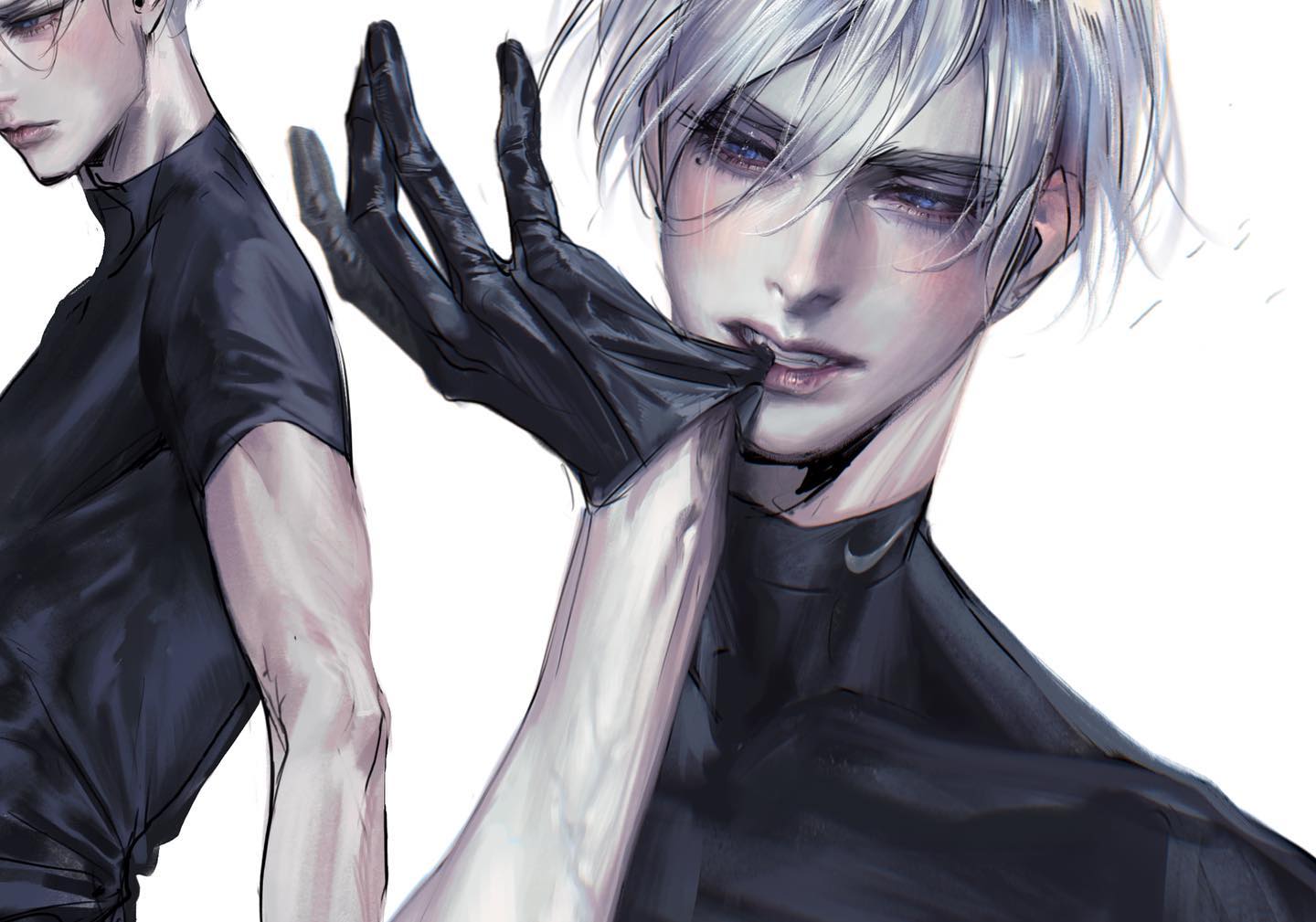 a young, handsome anime boy with white hair, black shirt and black gloves, he is posing with one hand near his face. the background is white. the style is anime/manga and is very artistic.