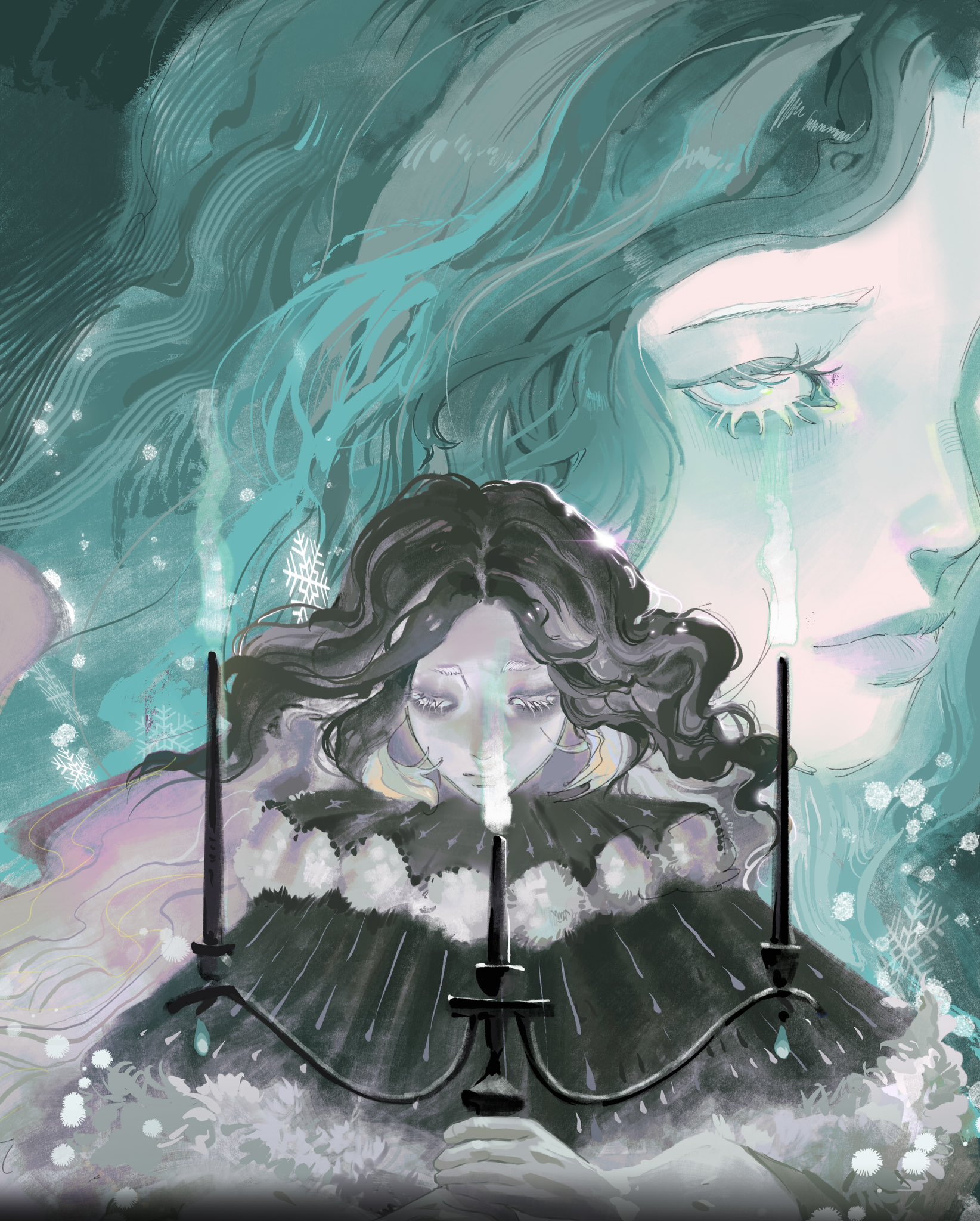 the image features a portrait of a woman with dark, curly hair, her head bowed in sadness. her eyes are closed, but streaks of light blue suggest tears. she wears a dark, ornate dress with a white, furlike trim.  she holds a threepronged candelabra with lit candles, casting a soft glow on her face. superimposed over her, more translucent and in shades of teal, is the image of another woman. her face, also expressing sadness, is turned slightly to the side, and tears stream down her cheeks.  the background is an abstract blend of teal and white, evoking a sense of winter and snow.