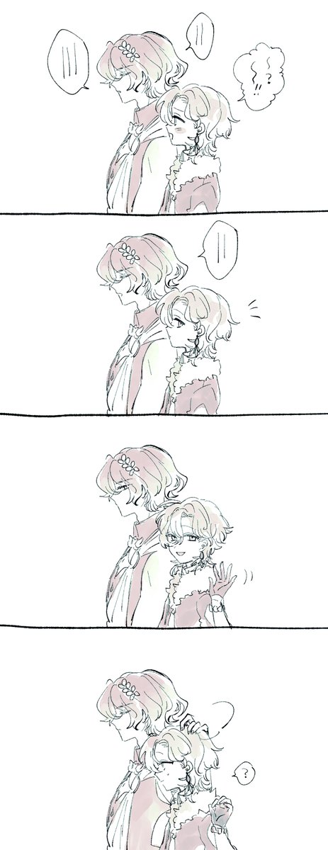 he image contains four panels of a mangastyle illustration. each panel shows two girls, one taller and one shorter, in various poses. the style is soft, with pastel colors and delicate lines. the girls appear to be romantically involved, with poses ranging from a gentle hug to a more playful interaction.  the overall mood is sweet and tender, with a focus on affection and closeness between the two characters. there are thought bubbles included to suggest internal thoughts or emotions.