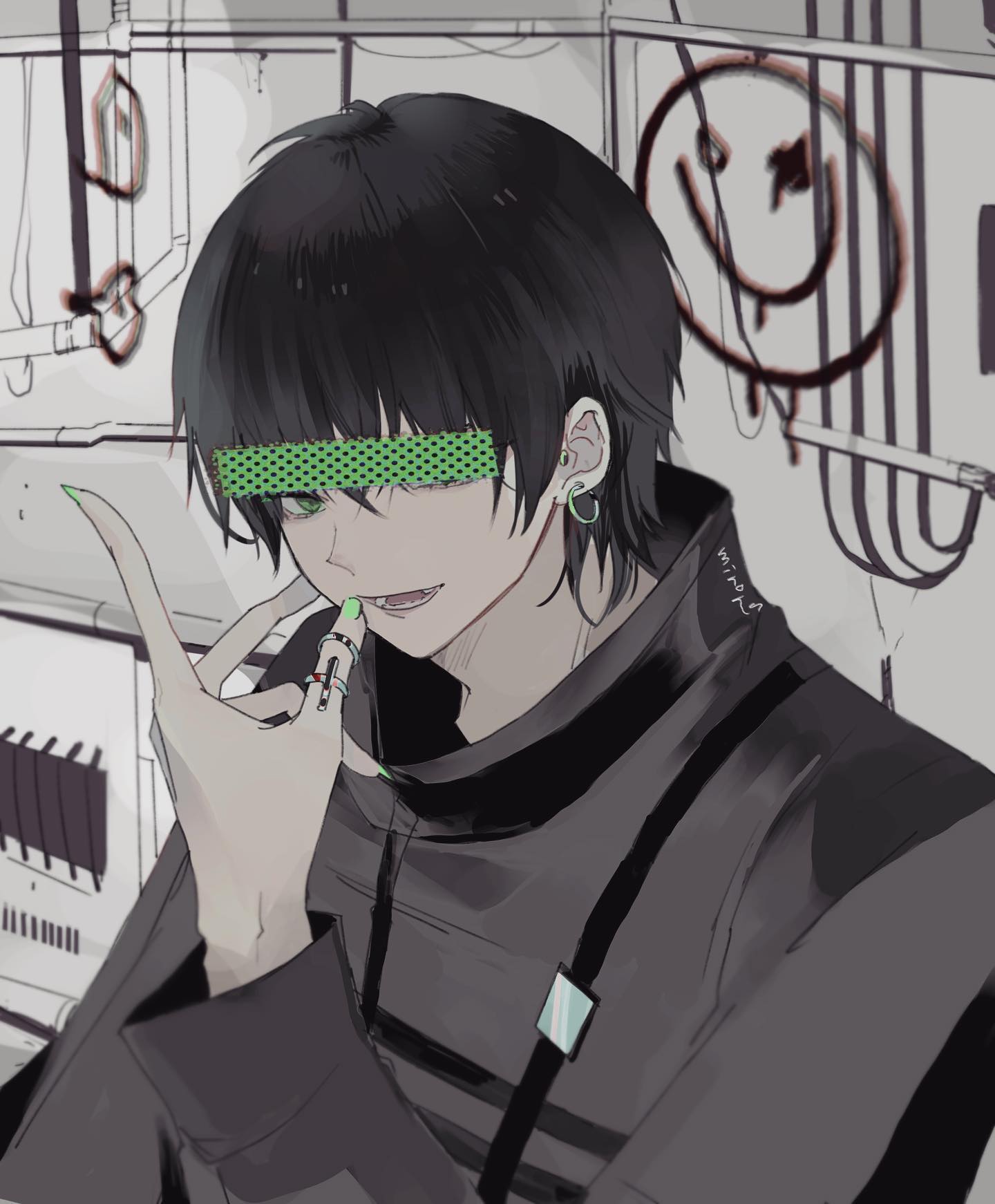 the image is a digital fanart depicting a stylish anime boy with black hair and green eyes. he's wearing a darkcolored, almost monochrome outfit with a distinctive green patterned headband and earrings. the character has a somewhat edgy and alternative style. he's shown in a closeup portrait, making a hand gesture near his mouth, with a grunge, industrial background featuring graffiti elements including a stylized smiley face. the overall aesthetic is dark and cool, with the green accents providing a pop of color.  the art style is soft yet detailed, conveying a sense of attitude and mystery.