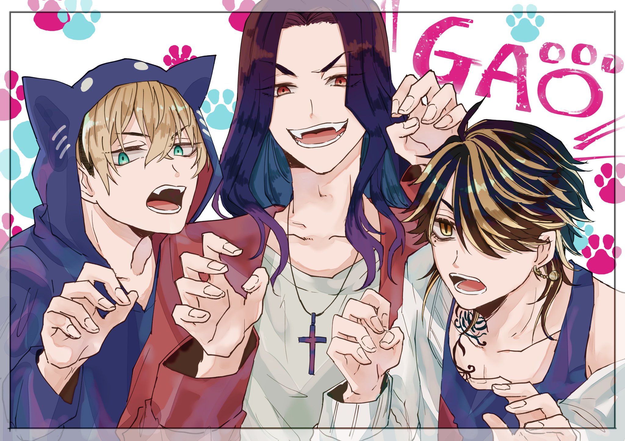 three anime boys are smiling at the camera. they are all wearing different outfits and have different hairstyles. the boy in the middle is wearing a white shirt with a cross necklace. the boy on the left is wearing a blue shirt with cat ears. the boy on the right is wearing a white shirt with a black tank top over it. the background has paw prints and the word "gao."