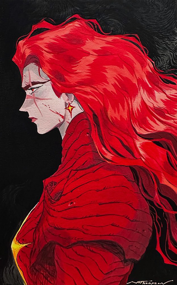 this is a digital drawing of a woman with long red hair and red clothes. the woman is drawn in an anime style and her face is drawn in a detailed manner, she appears to be a warrior with a scar on her face. the woman is drawn against a dark background. the drawing is very detailed and beautiful.