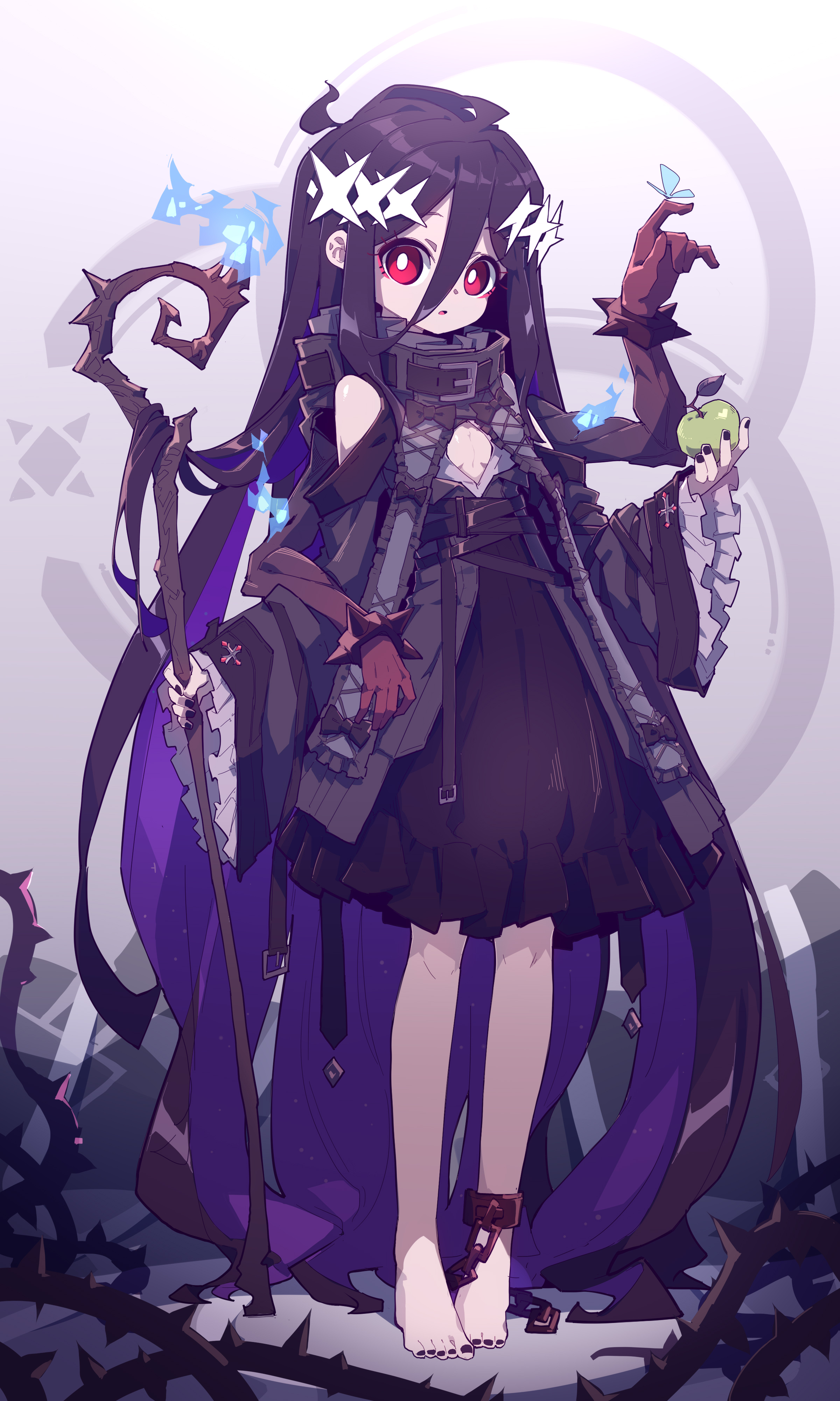 the image depicts an animestyle girl with red eyes and long black hair adorned with starshaped ornaments. she is wearing a darkcolored dress layered with robes, featuring white ruffled sleeves and purple accents. she holds a staff with thorny details in one hand and an apple with a butterfly perched on it in the other. she is barefoot with an ankle bracelet. the background is light with some geometric shapes. the floor has thorny vines.