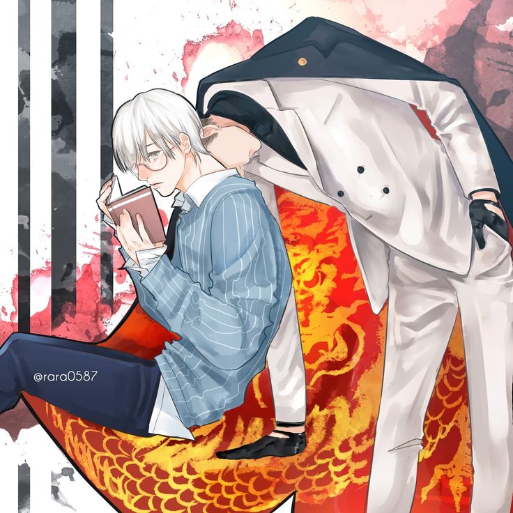 the image is a digital painting or illustration in an anime/manga style, depicting a romantic scene between two boys.  one boy with white hair and glasses is sitting, engrossed in a book. the other boy, with darker hair, is subtly leaning against him from behind, his white suit contrasting sharply with the red and gold dragon pattern of the fabric beneath them. the overall aesthetic is soft, romantic, and slightly melancholic, with a focus on the intimacy of the moment. the style is evocative of both traditional and digital painting techniques, blending smooth gradients with sharper lines and details. the background is simple, allowing the characters and their interaction to take center stage.